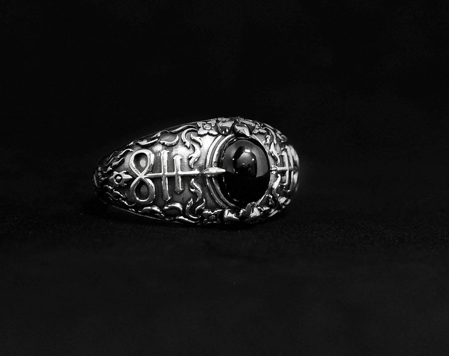 Satanic Cross Onyx Ring, Brimstone Leviathan Cross Satanic Devil Lucifer Ring 925 Sterling Silver