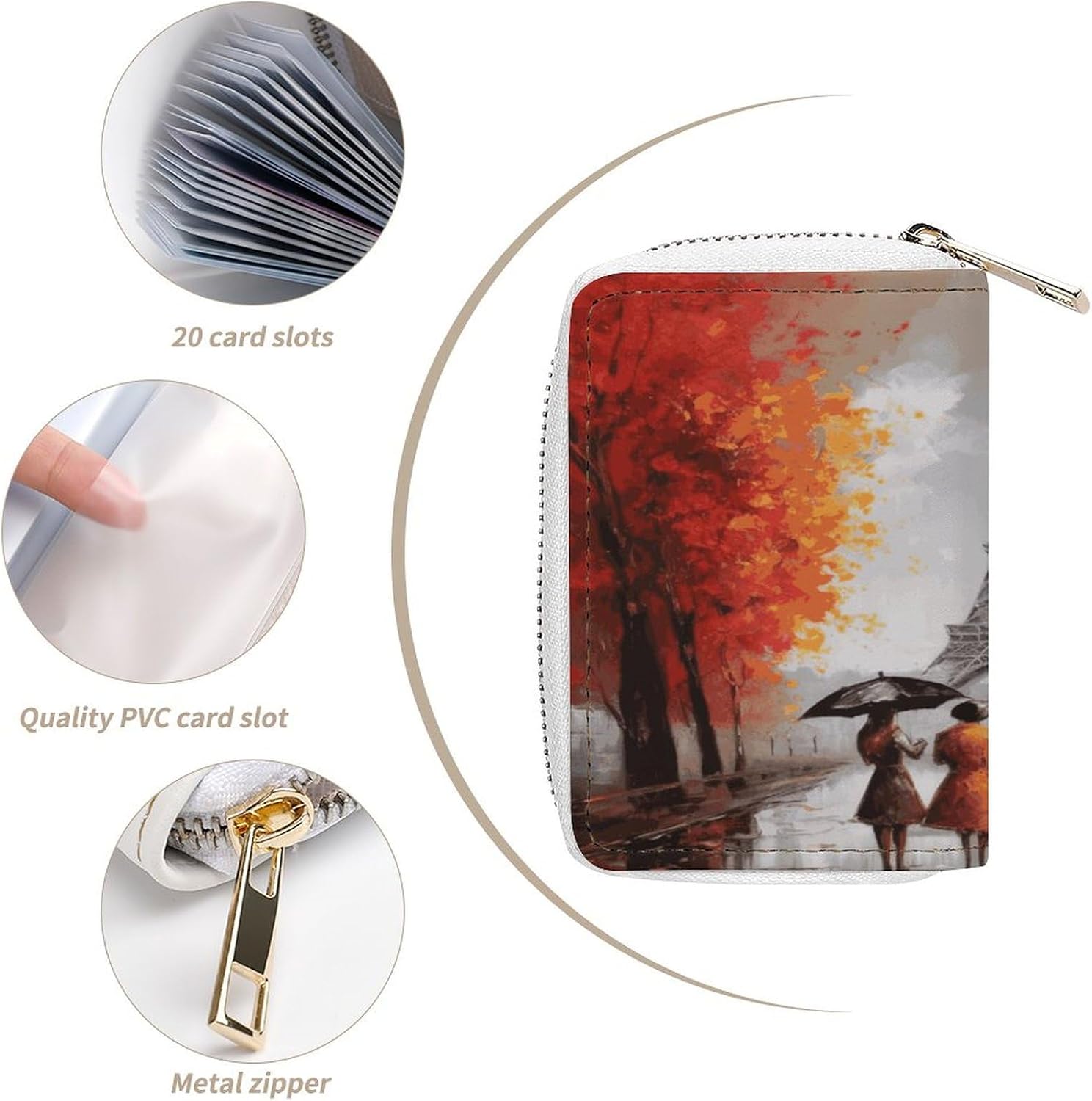Leather Card Organizer Case Card Wallet Credit Card Holder Eiffel Tower Paris Painting Printed Zipper Card Cases Holder for Women Men