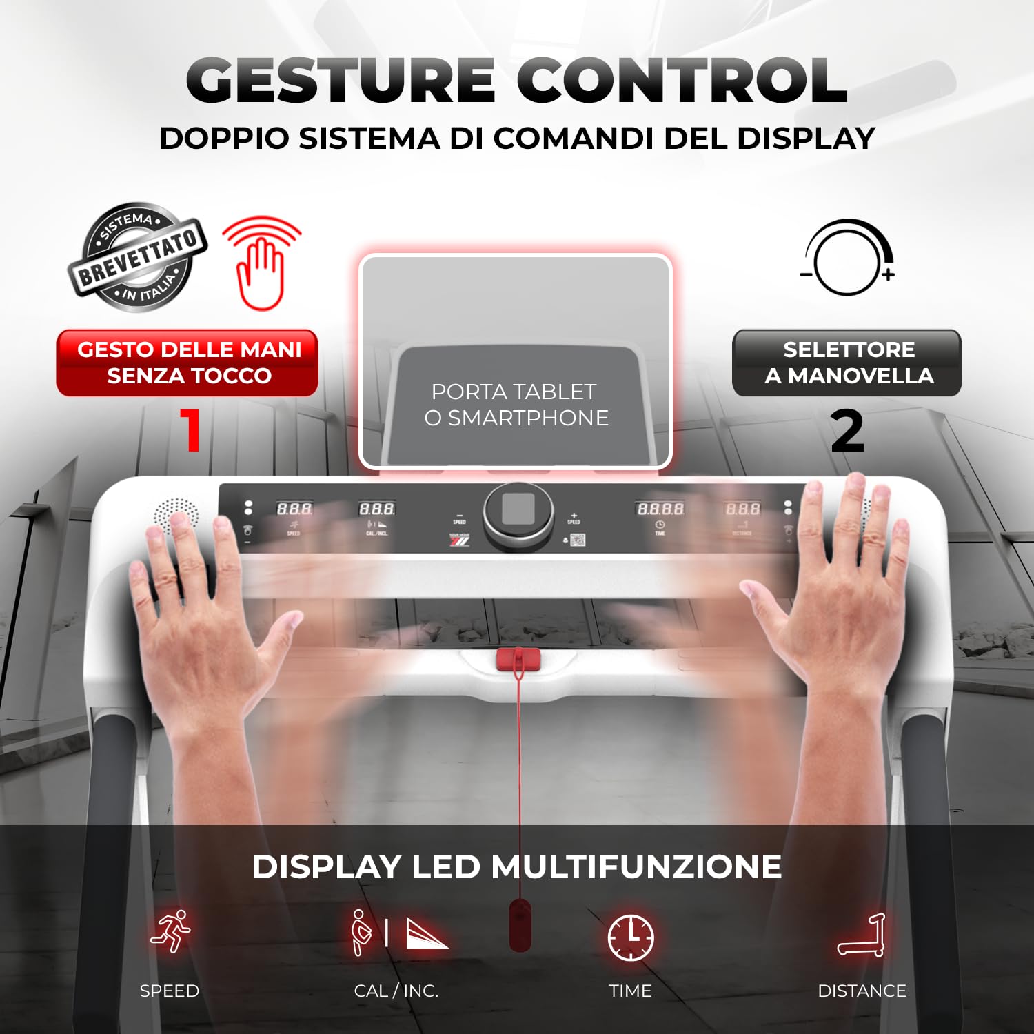 YM Tapis Roulant Elettrico 18 km/h, INCLINAZIONE Automatica, Superfice Corsa XXL, Salvaspazio Pieghevole, 2 Sistemi di Controllo (TASTI o GESTUALE), APP Interattive Bluetooth, NEXT 8000 Your Move