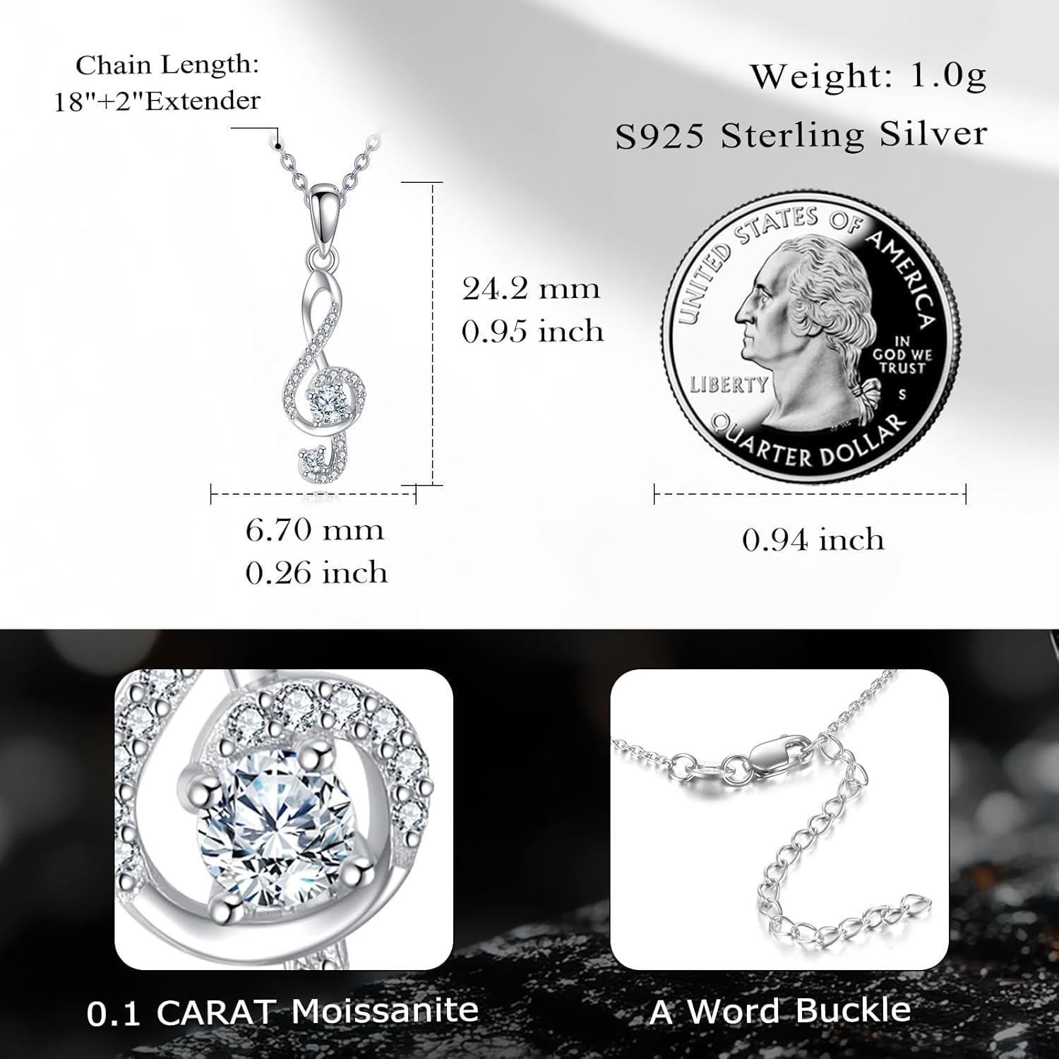 Music Note Necklace Sterling Silver Musical Note Pendant 0.1 Carat Moissanite Jewelry Gifts for Music Lovers Women Men - Image 5