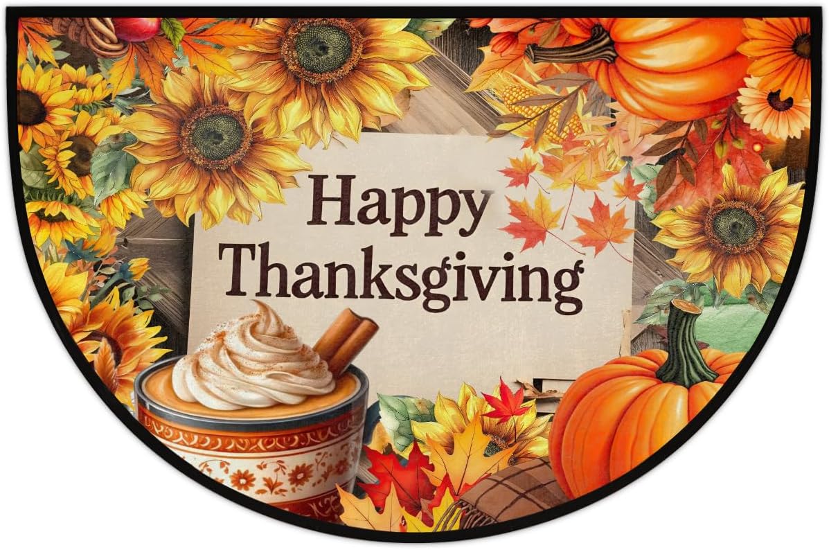 Thanksgiving Decoration Pumpkin Half Round Door Mat Non Slip Washable Semi Circle Area Rug Absorbent Soft Half Moon Rug Floor Mat for Indoor Outdoor Kitchen Bathroom Patio Front Door Mat Decor