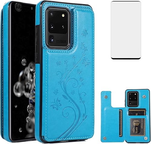 Funda de teléfono para Samsung Galaxy S20 Ultra Glaxay S20ultra 5G con protector de pantalla de vidrio templado, tarjetero y cartera con soporte