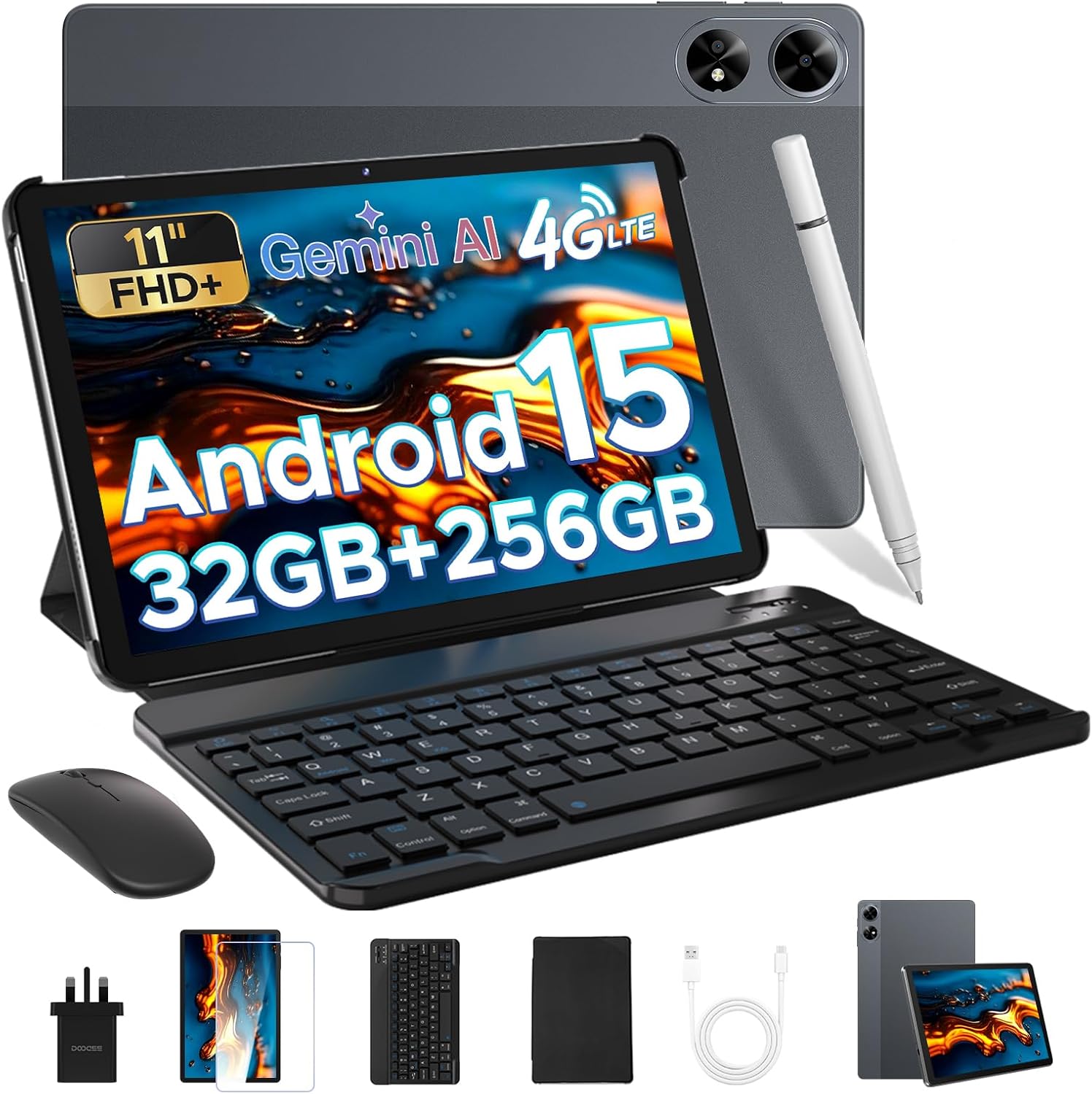 DOOGEE Tab G6+ Android 15 Tablet with Keyboard, 8000mAh Battery Gemini AI Tablets 11 Inch, Unisoc T7280 Octa Core 32GB+256GB/2TB, Widevine L1, Gaming Tablet with Pen, Mouse&Case, Gray