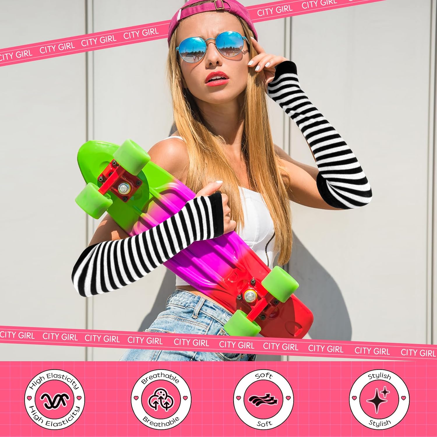 Goth Arm Warmers Emo Punk Fingerless Gloves Y2K Kawaii Arm Sleeves Halloween Costume Femboy Long Stripe Gloves