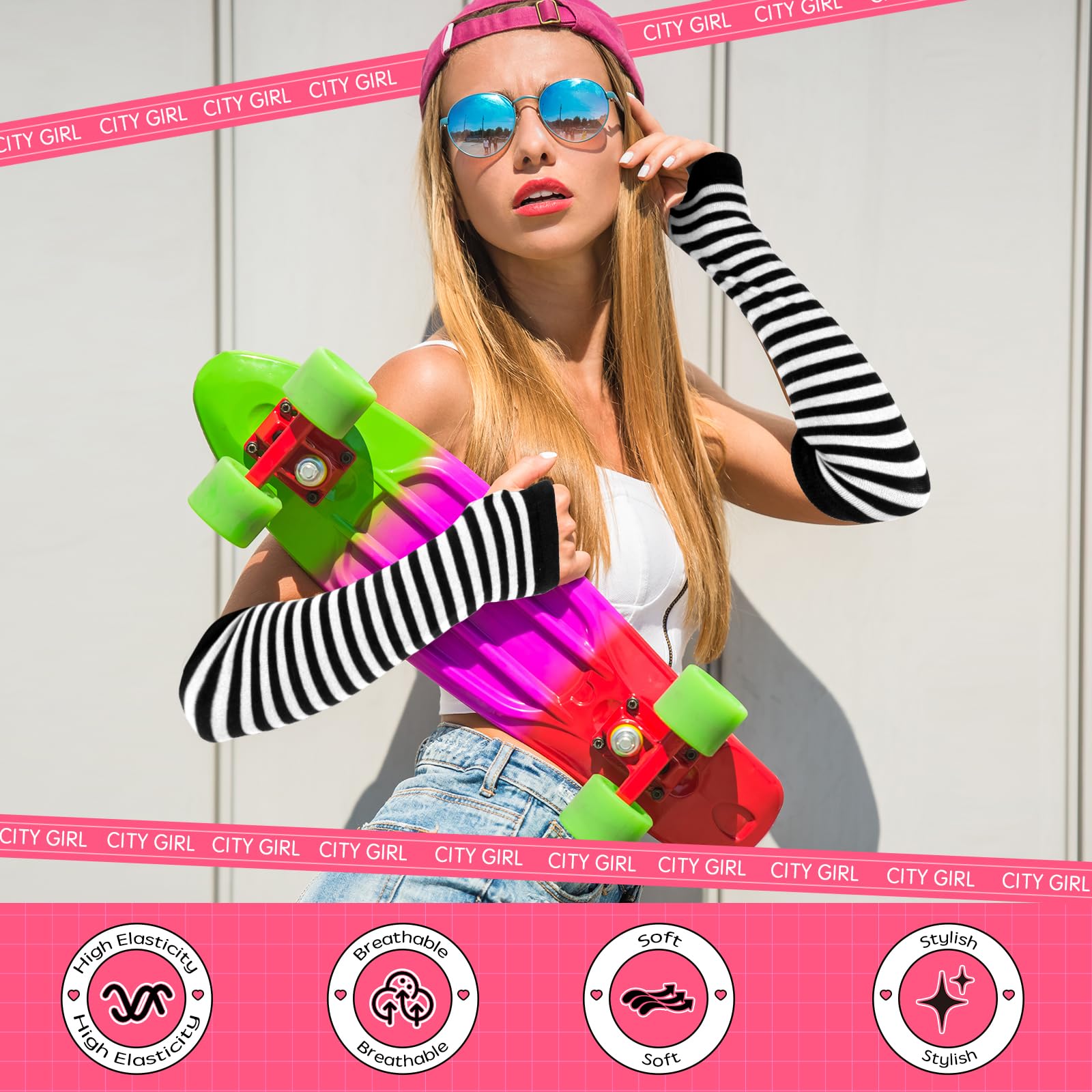 Goth Arm Warmers Emo Punk Fingerless Gloves Y2K Kawaii Arm Sleeves Halloween Costume Femboy Long Stripe Gloves Black-White