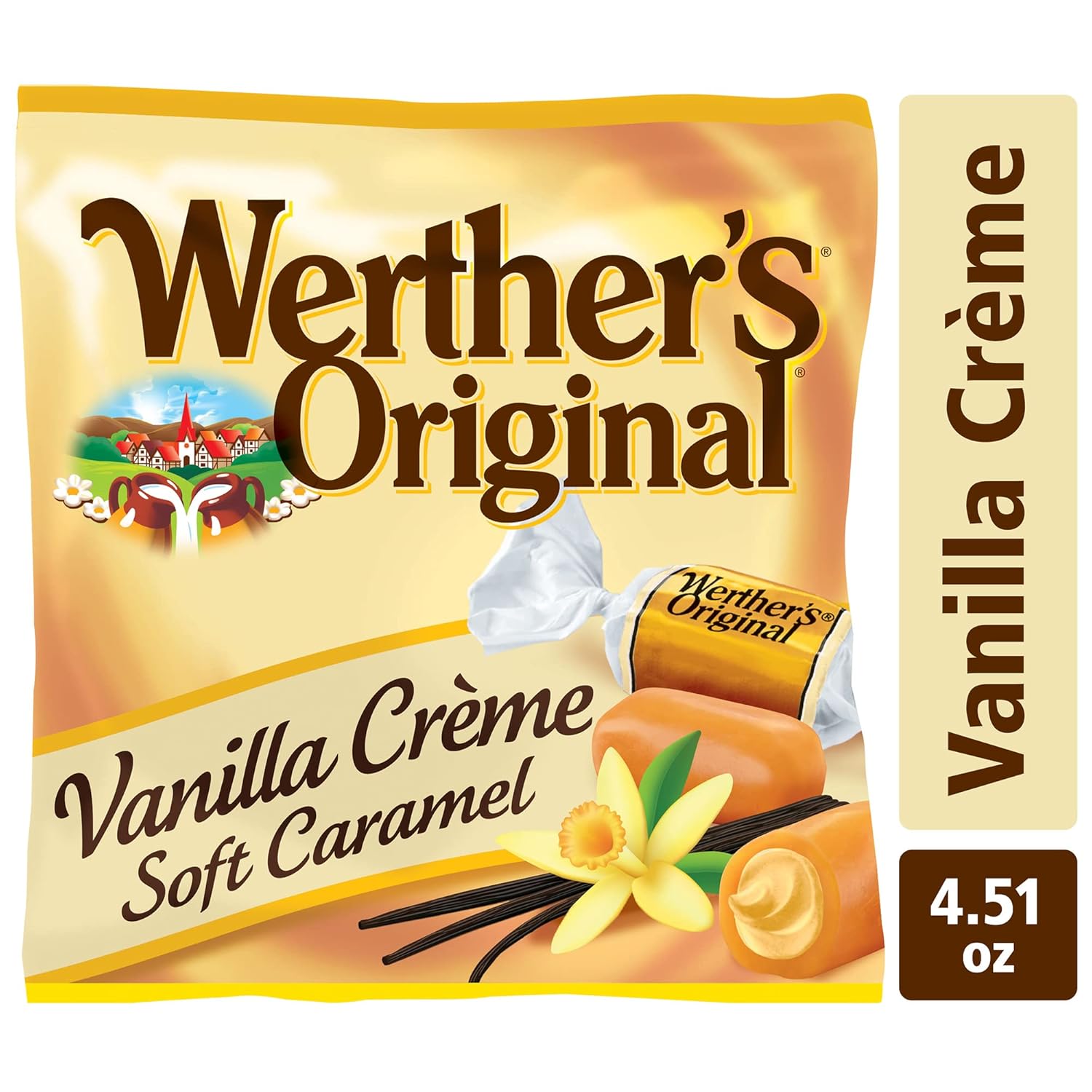 Werther's Original Vanilla Creme Soft Caramels - Individually Wrapped Soft & Chewy Candy Pieces, Sweets for Parties or Holidays - 4.51 oz Bags (Pack of 12)