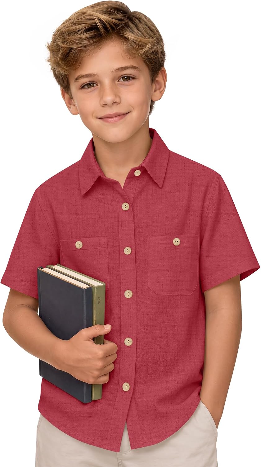 Boys Linen Dress Shirt Short Sleeve Top