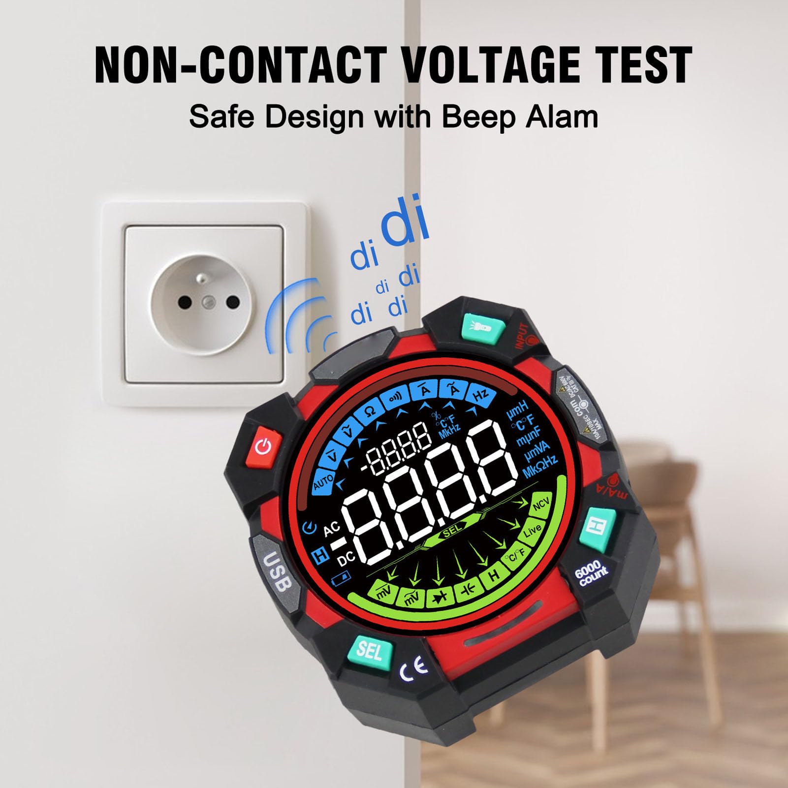 Multimetro Digitale TRMS 6000 Conteggi, Tensione CA/CC, Tester di Corrente con NCV, Test Diodi, continuità per Elettricisti, Batteria Ricaricabile, Torcia Incorporata