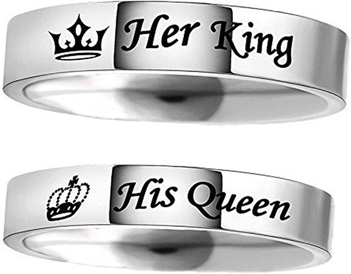Moneekar Jewels 2PCS Her King His Queen Silver Ring Titanium Stainless Steel Wedding Band Set Couples Anniversary Engagement Promise Ring