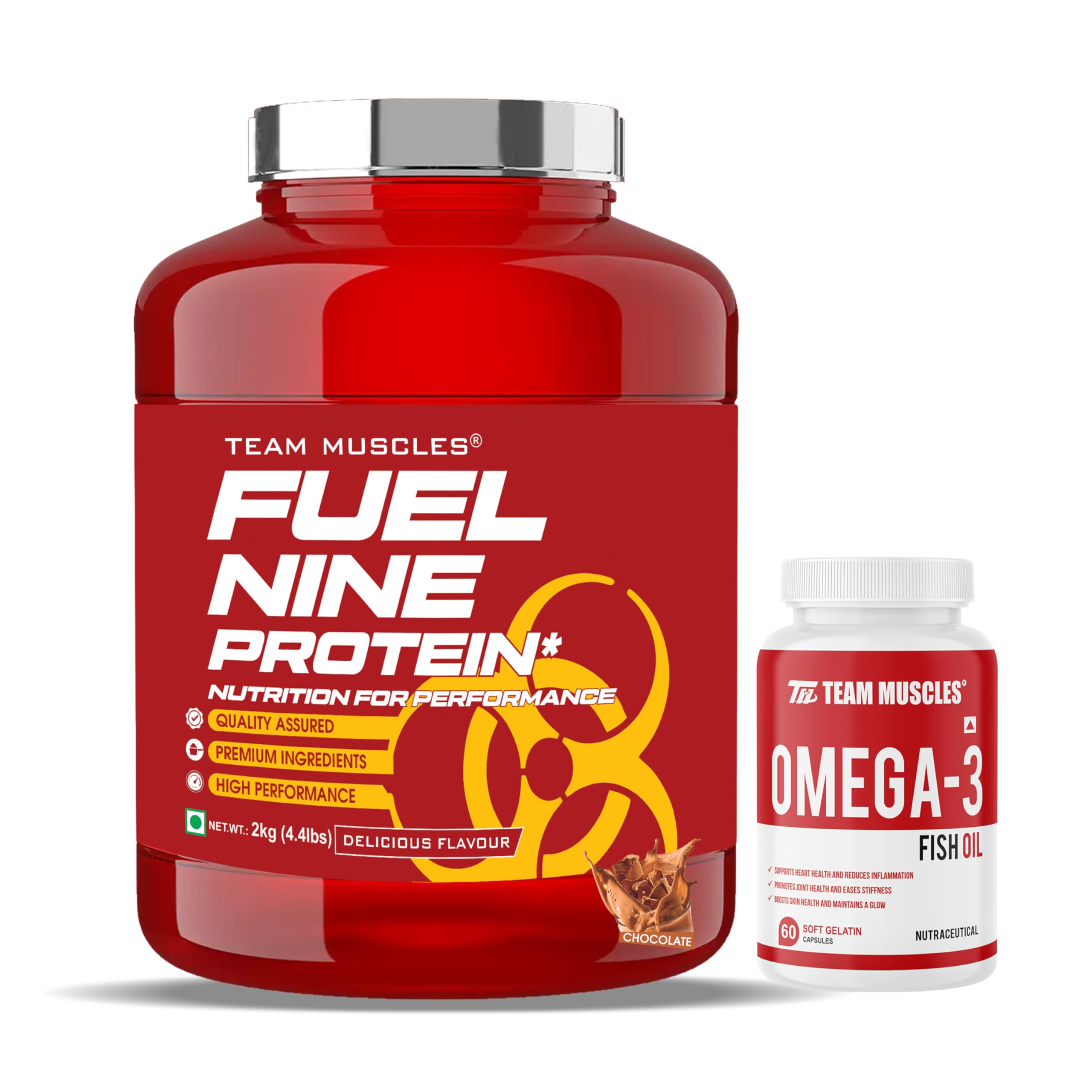 TM WITH TEAM MUSCLES Team Muscle Fuel Nine Whey Protein 2 Kg With Tm Omega 3 Fish Oil 60 Soft Gelatin Capsules(Chocolate)