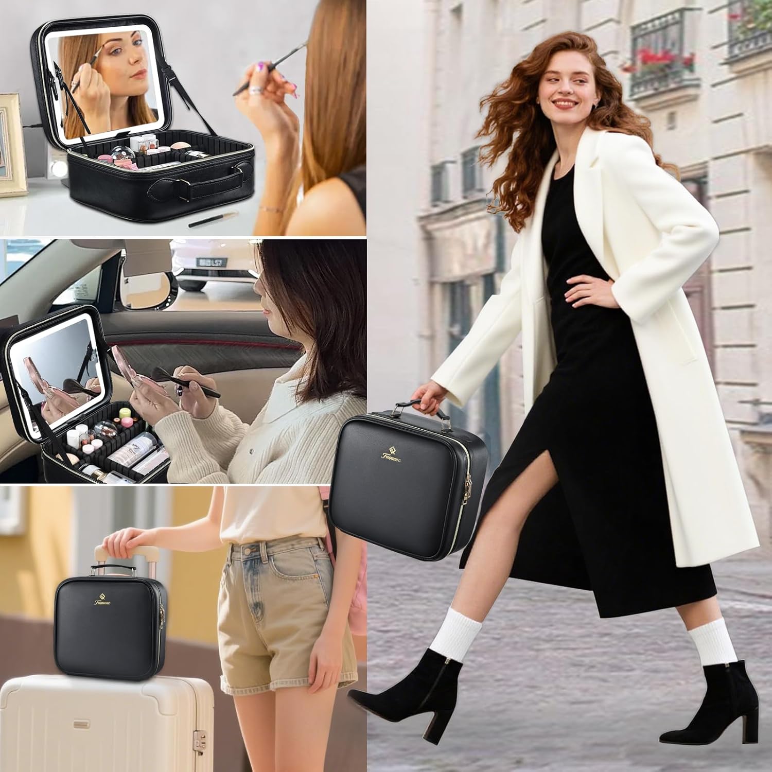 Travel Makeup Bag with LED Mirror 3 Color Modes,10.2-in Black Vegan Leather Makeup Organizer Bag with Adjustable EVA Dividers and Independent Brush Panel - Image 5