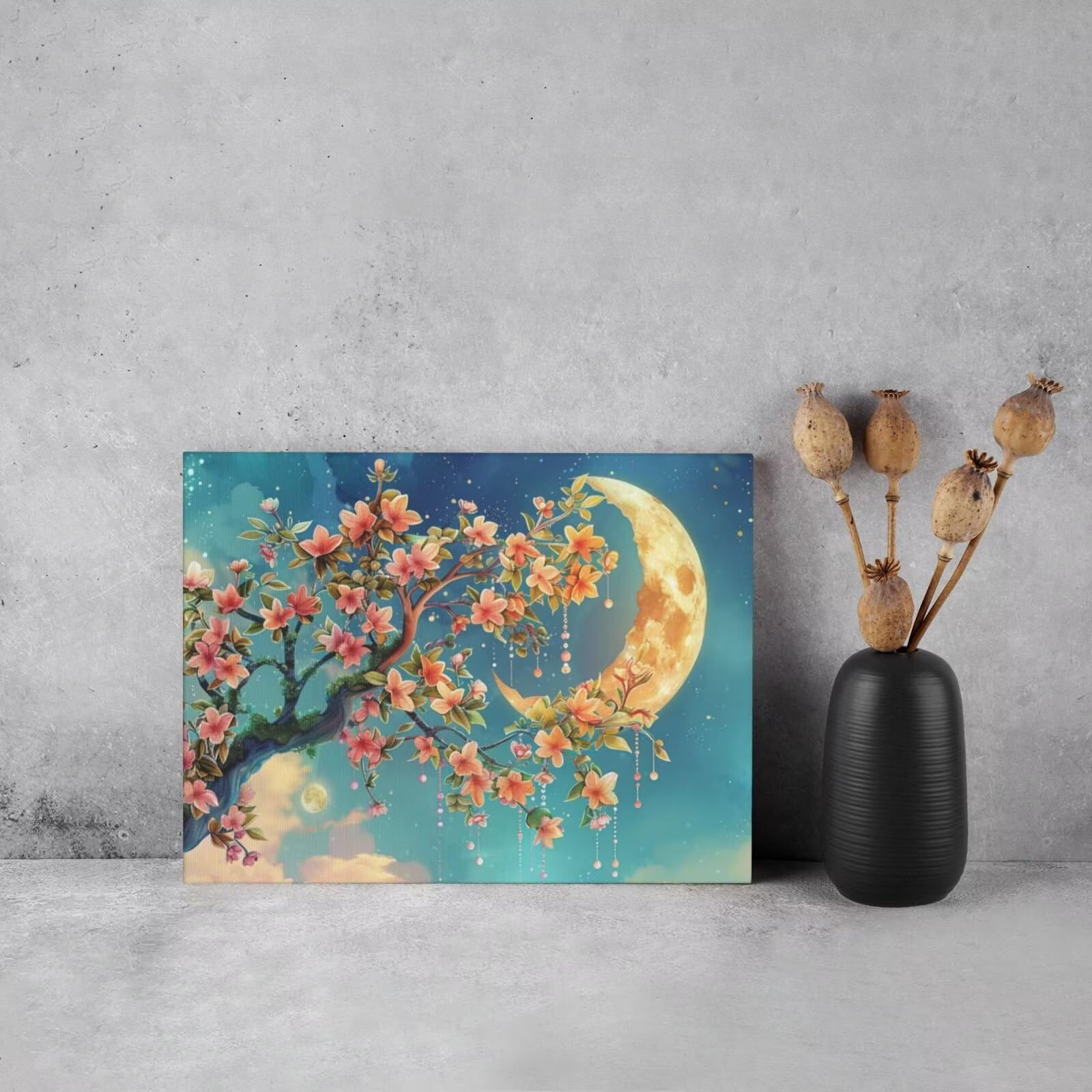 Kit per pittura con numeri per adulti, motivo: luna, albero con numeri per principianti, pittura acrilica con 6 pennelli, kit di pittura a olio per decorazione da parete, 95 x 70