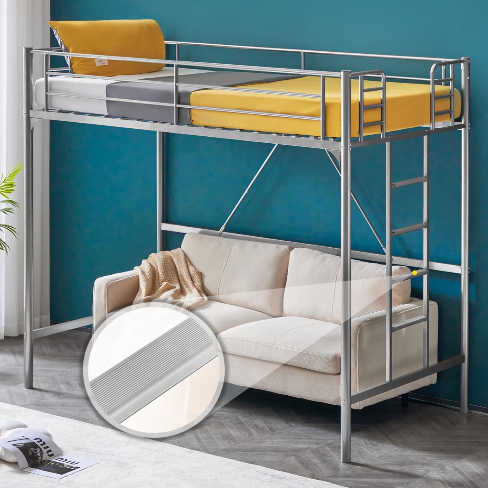VINGLI Twin Loft Bed with Stairs Flat Steps for Kids, Adults Single Bed Space Saver Metal Loft, No Box Spring Required, Gray
