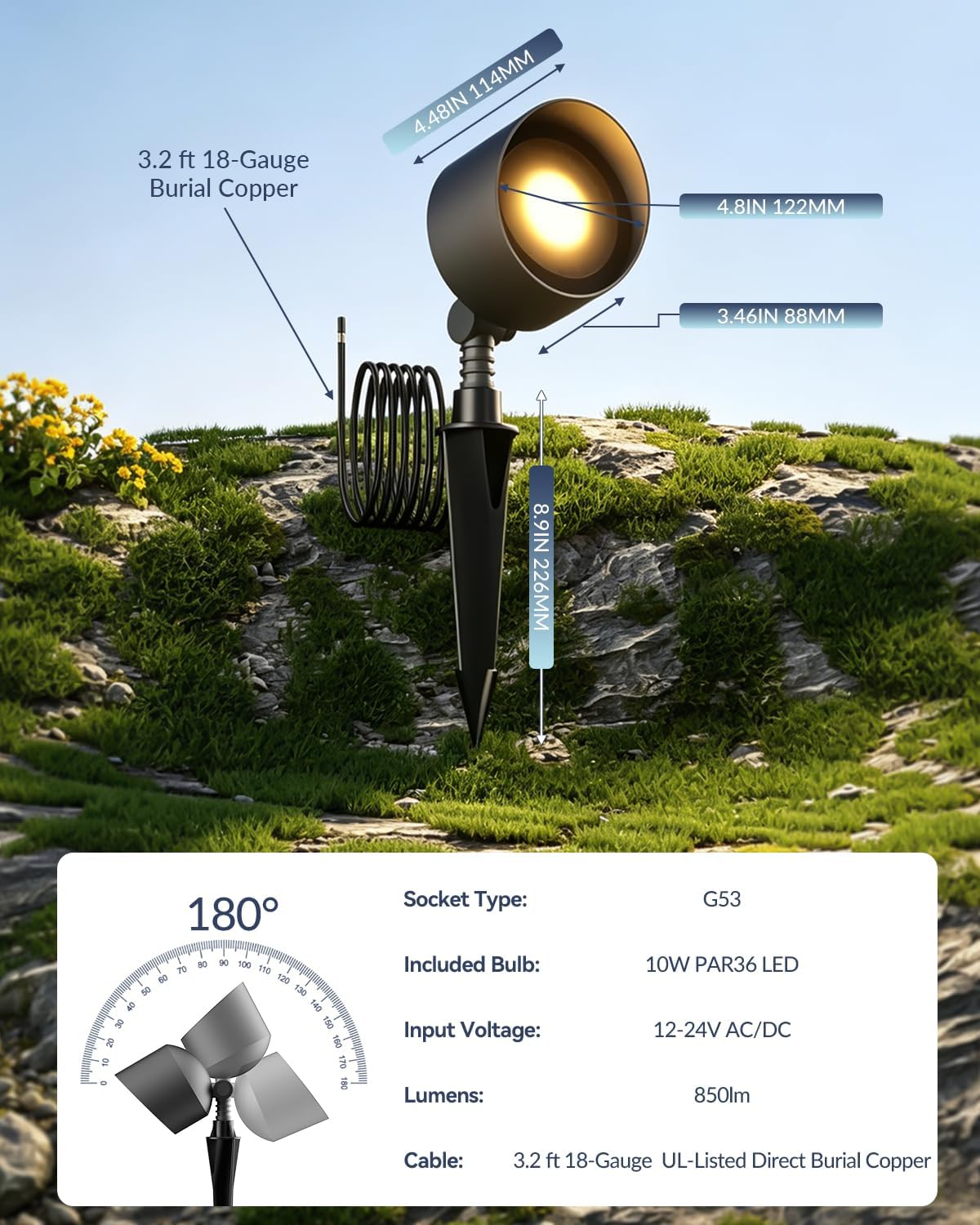 PAR36 LED Landscape Spotlights Flood Light 1pc 10W 2700K 12-24V | 180° Adjustable LED Low Voltage Landscape Lights, 2700K Warm White, Weatherproof Aluminum Spotlights for Yard Garden Pathway