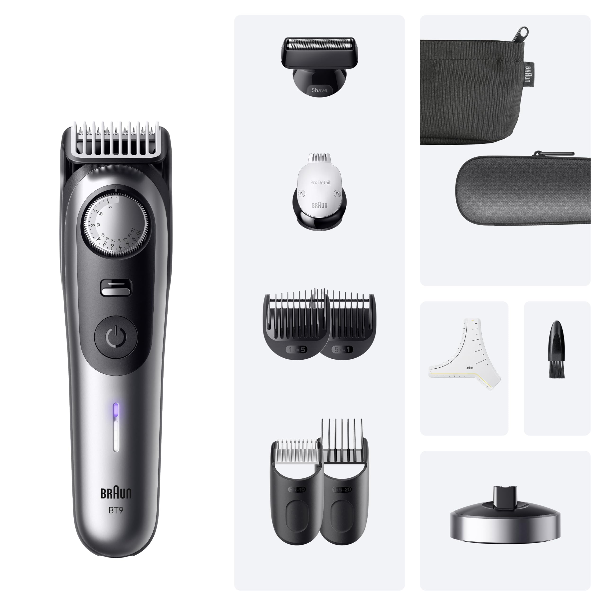 Braun Barttrimmer Series 9, Kabelloser Bartschneider Herren, BT9545, Chrom - Bart Rasierer mit 52 Längen, Trimmer mit 180 Min. Akku, Wasserdicht, Inkl. 10 Barber-Tools, Lebenslang Ultrascharfe Klinge