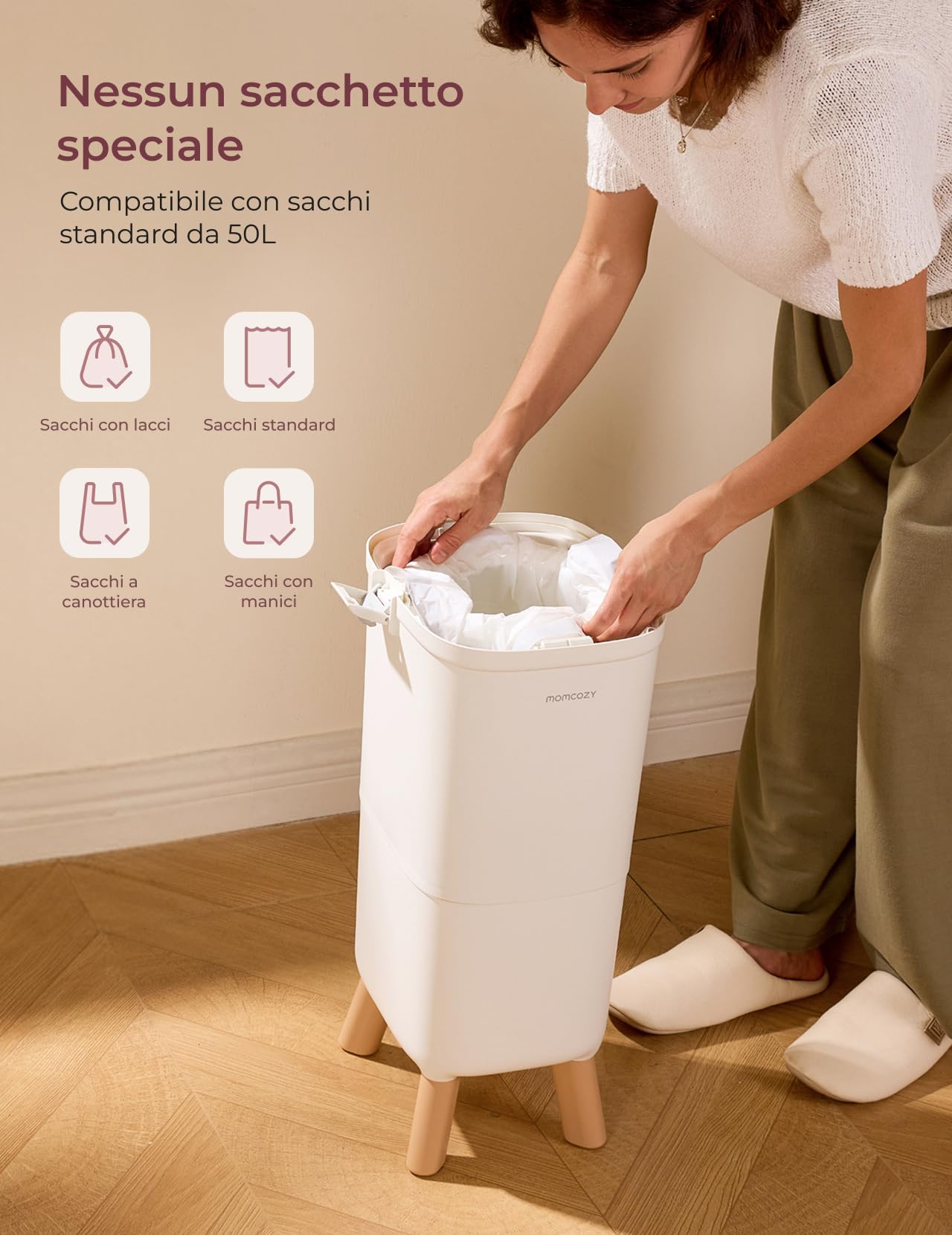 momcozy Mangiapannolini con Sistema Antiodore Brevettato a Tripla Sigillatura, Bidoncino Getta Pannolini ad Altezza Ergonomica, Finestra Visiva, Blocco Sicurezza, Usa Sacchetti Standard