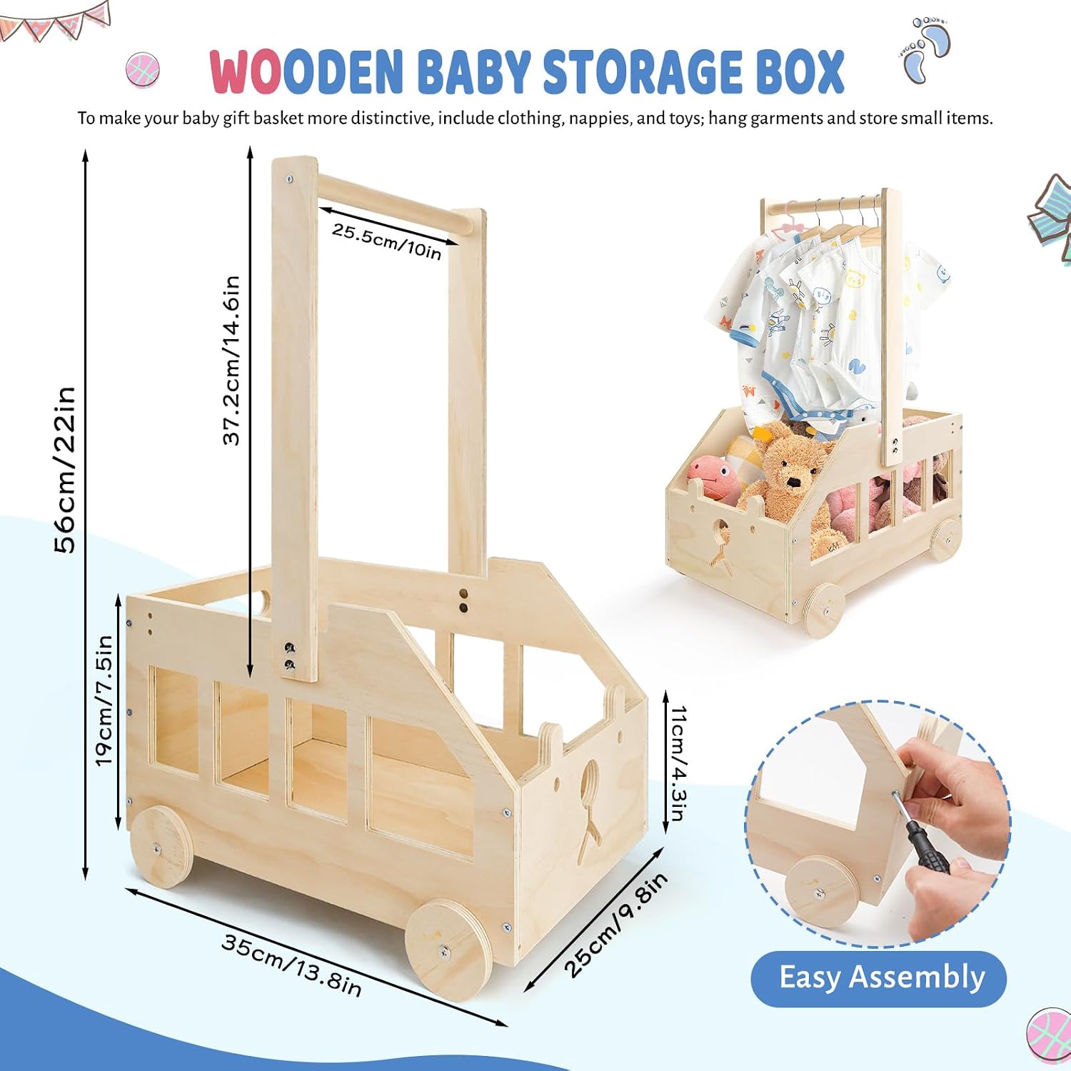 Rolling Nursery Storage Basket with Wheels, Basket Wooden Crate for Toys, Clothes and Blankets, The Ultimate Organizing Wood Box
