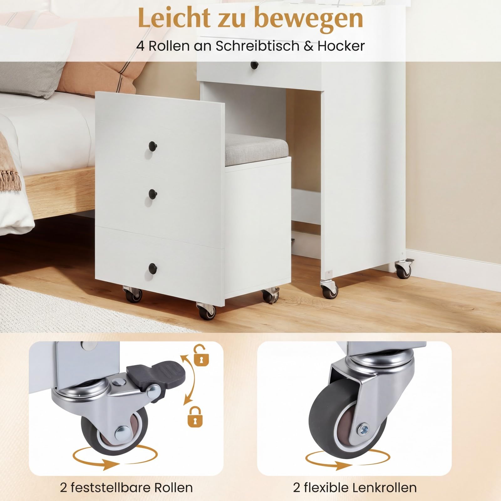 COSTWAY 3 in 1 kleines Schminktisch Set auf Rollen, Kosmetiktisch mit Klappspiegel, Beleuchtung, Schubladen & gepolstertem Hocker, kompakte Schminkkommode Set für kleine Räume, Weiß