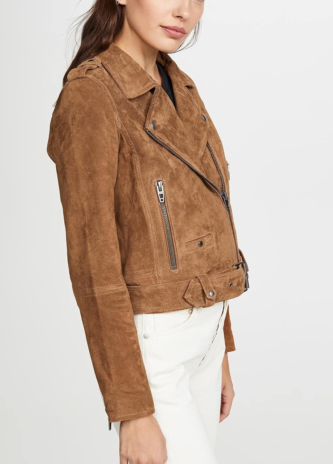 [BLANKNYC] womens Luxury Clothing Cropped Suede Leather Motorcycle Jacket at  Women's Coats Shop