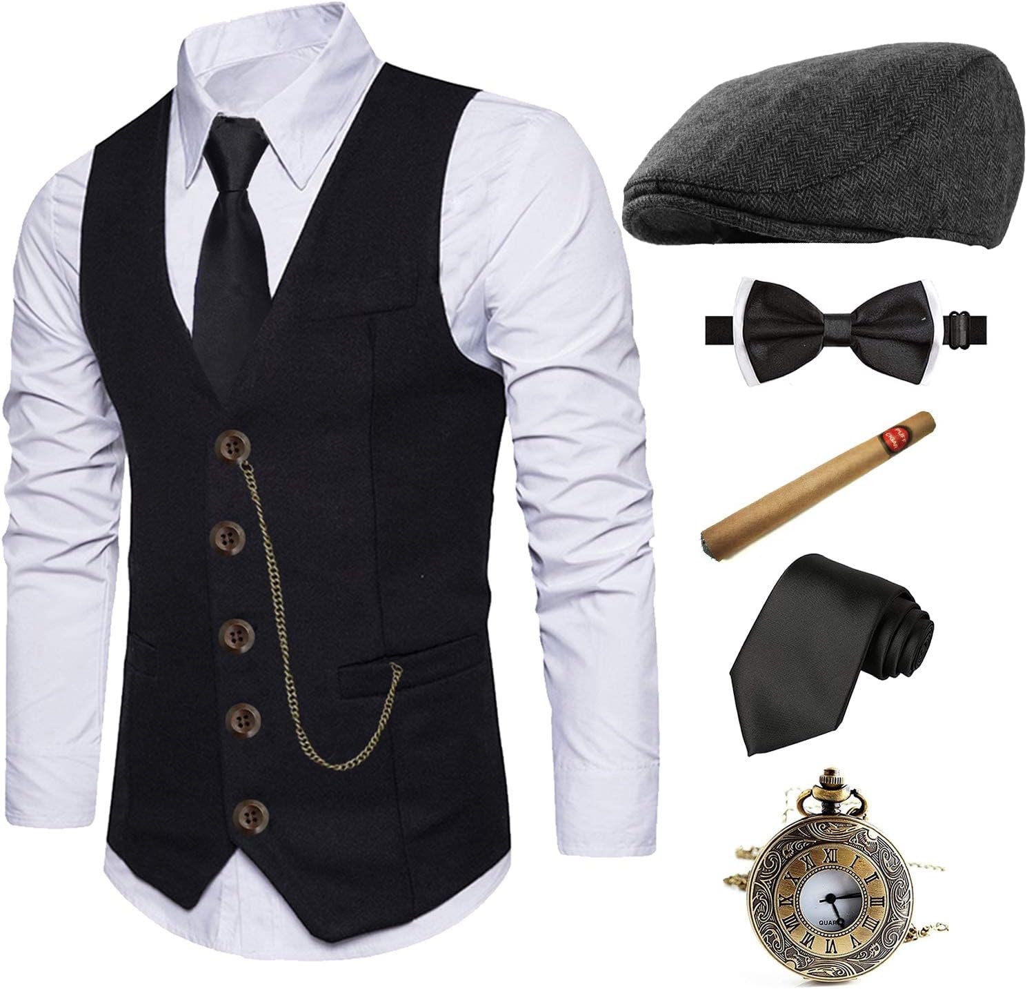 EFORLED Halloween 1920s Mens Costume 2025,Gatsby Gangster Vest,Vintage Pocket Watch,Pre Tied Bow Tie,Tie