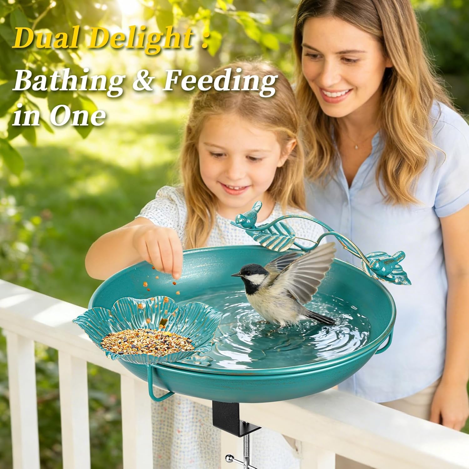 Mellbree Bird Bath Deck Mounted 12", Balcony Fence Railing Clamp Birdbath with Perch & Feeder Bowl Metal Lake Blue with Gold Gilding, Detachable Multi-Functional Balcony Railing Bird Bath