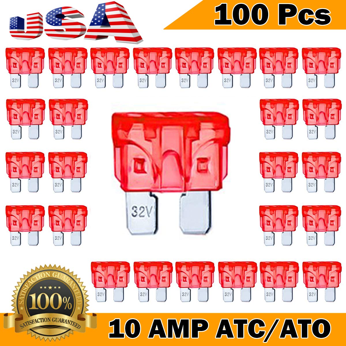 Kodobo 100 Pack Auto Fuses 10 AMP ATC/ATO Standard Regular Fuse Blade 10A Car Truck Boat Marine RV - 100Pack