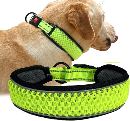 Kawagogo Collar de perro acolchado ampliado, diseño ensanchado para proteger el cuello del perro, collar de nailon suave con tira reflectante, se