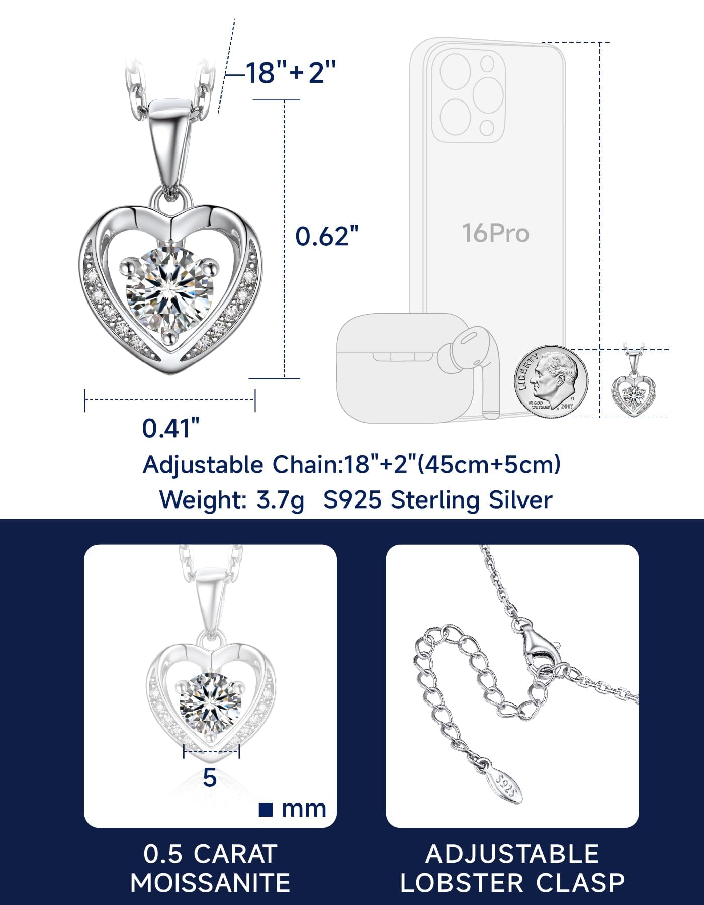 MomentWish Collana da donna in argento 925, 1 carati, con ciondolo a forma di moissanite, in oro rosa, con ciondolo a forma di cuore, in argento, con confezione regalo, San Valentino, regalo per donne