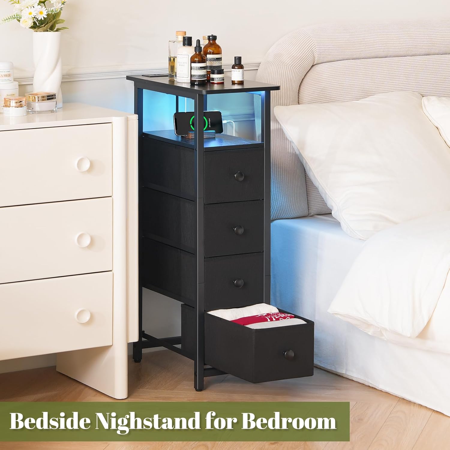 Yoobure Narrow Dresser for Bedroom, LED Skinny Nightstand with Charging Station, Small Dressers Chest of Drawers, Narrow Side Table, Fabric Dresser Tall Skinny Cabinet Night Stand for Small Spaces