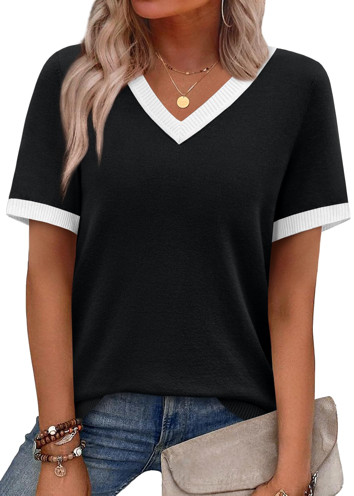 Short Sleeve Sweater for Women V Neck Spring Summer Tops 2026 Work Business Casual Outfits Trendy Clothes-image-48