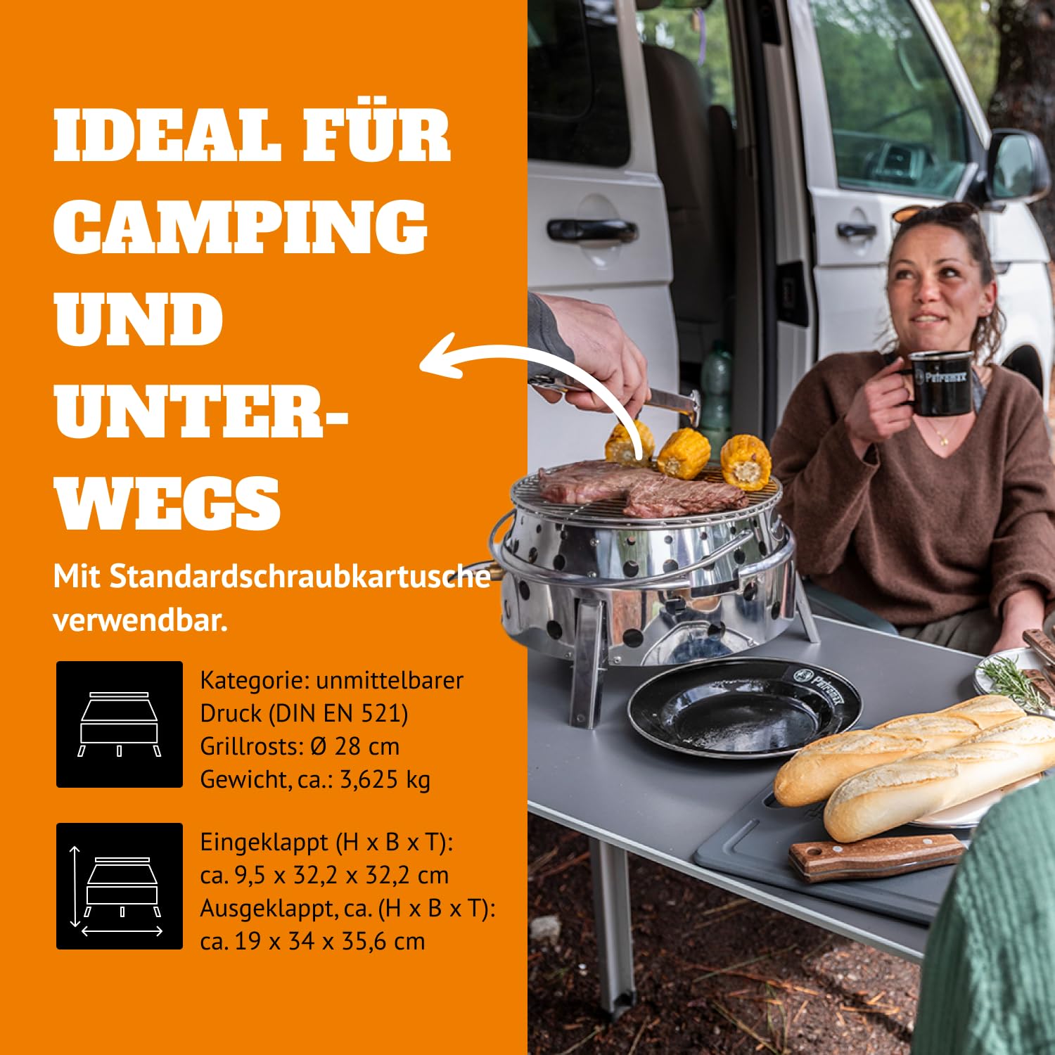 Petromax Atago Gasgrill - Tischgrill für den Einsatz beim Camping, im Garten oder Balkon - ideal zum Grillen, als Ofen oder Feuerschale - Picknick Grill mit Grillrost und Piezo-Zündung - Edelstahl
