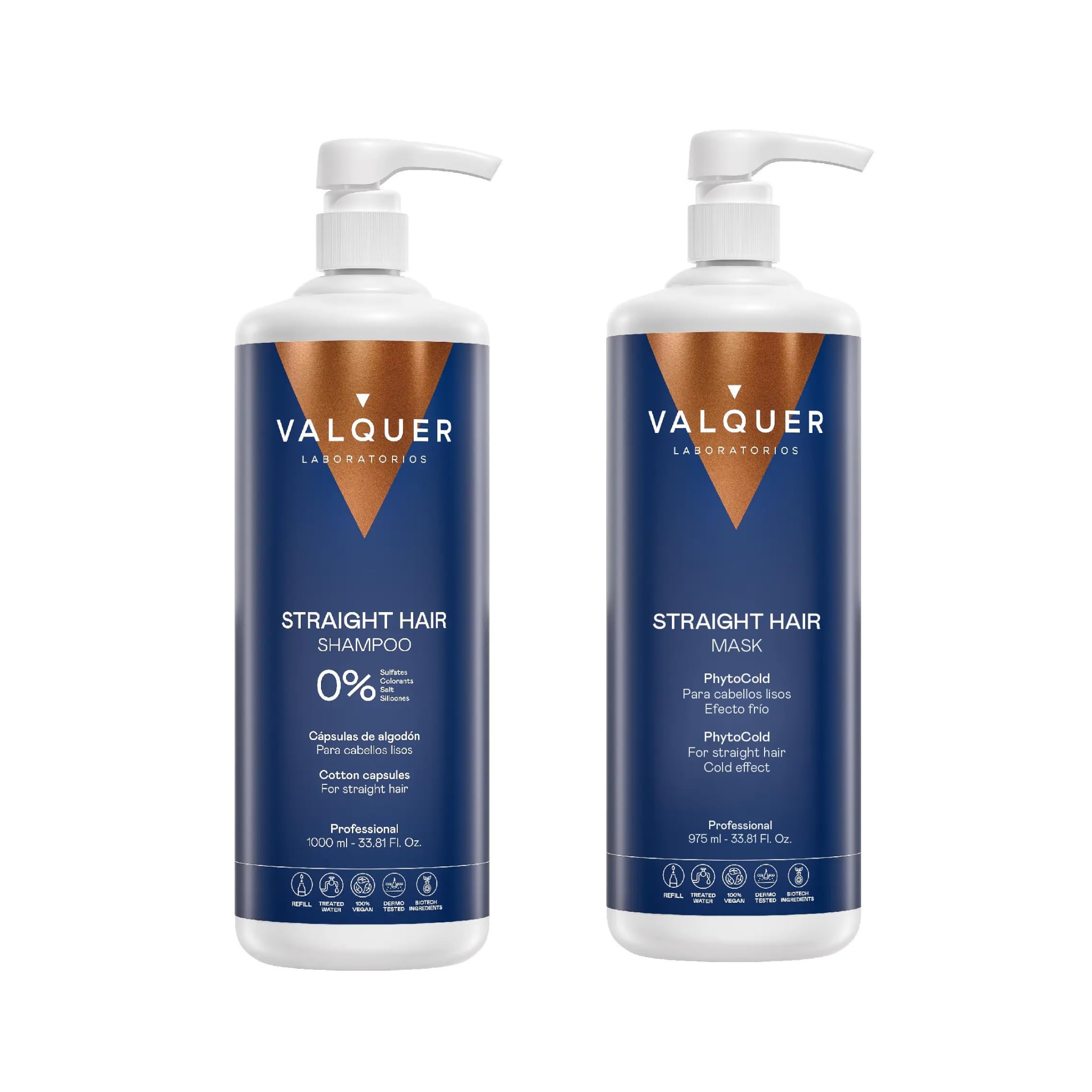 VALQUER Pack Cheveux Lisses Shampoing 0% & Masque Effet Froid 1 L + 975 ml