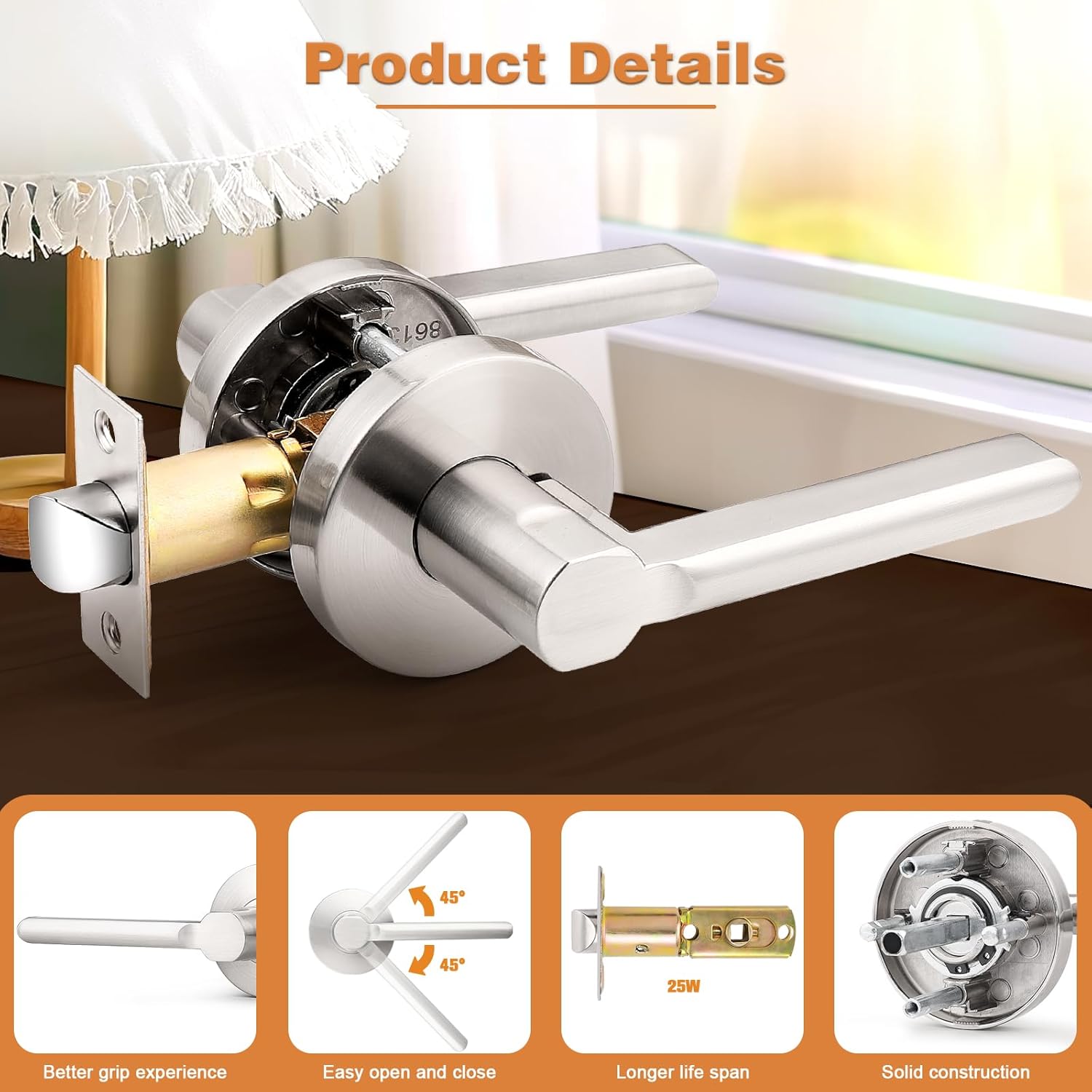 Probrico Passage Door Handles Brushed Nickel Interior Door Lever, Keyless Door Handles for Closet and Hallway Modern Reversible Door Lever, 5 Pack