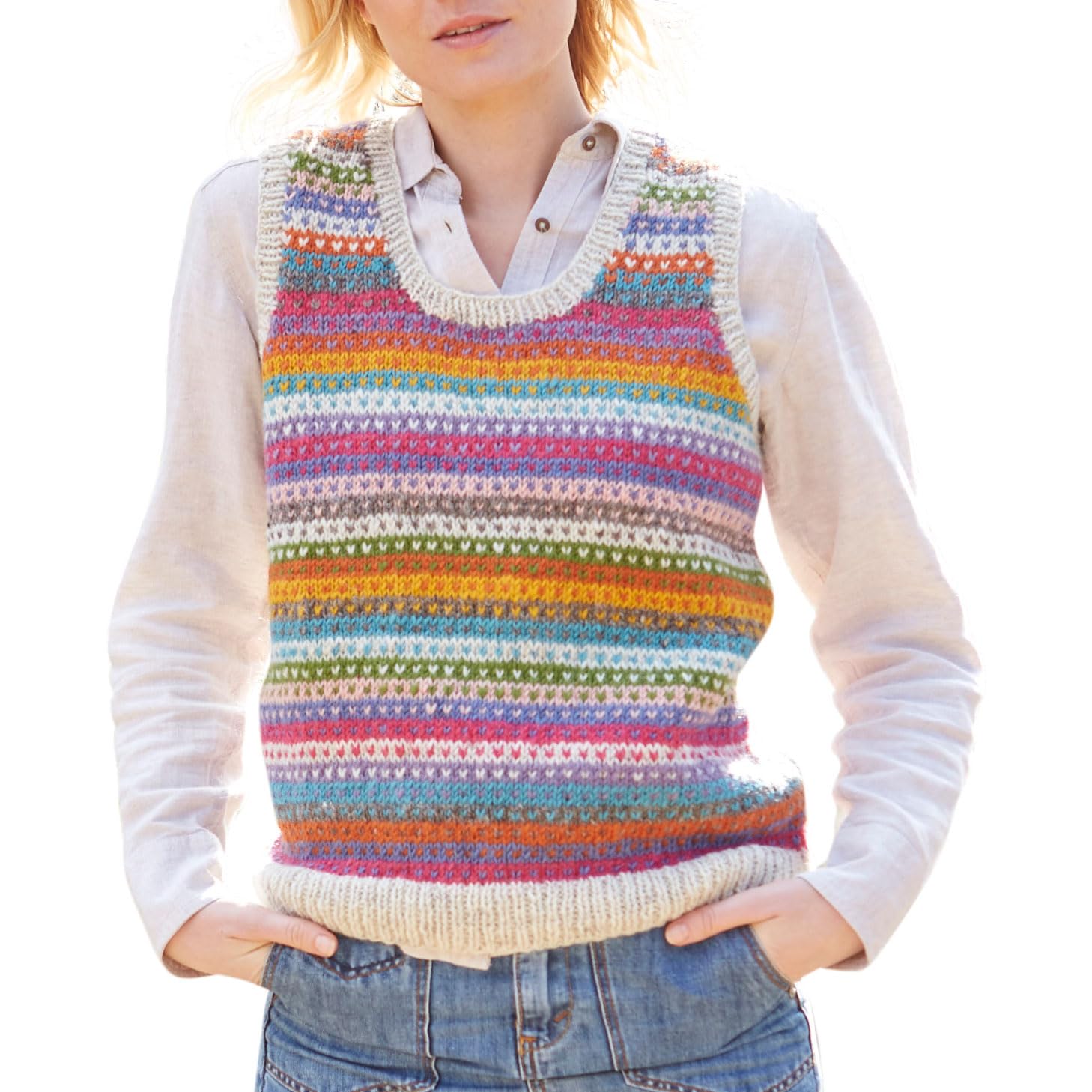 Pachamama Women Wool Tank Top Handknitted Dots Stripes Multicoloured Handmade Extra Warm Sleeveless Jumper Fair Trade (as8, Alpha, l, Regular, Regular)