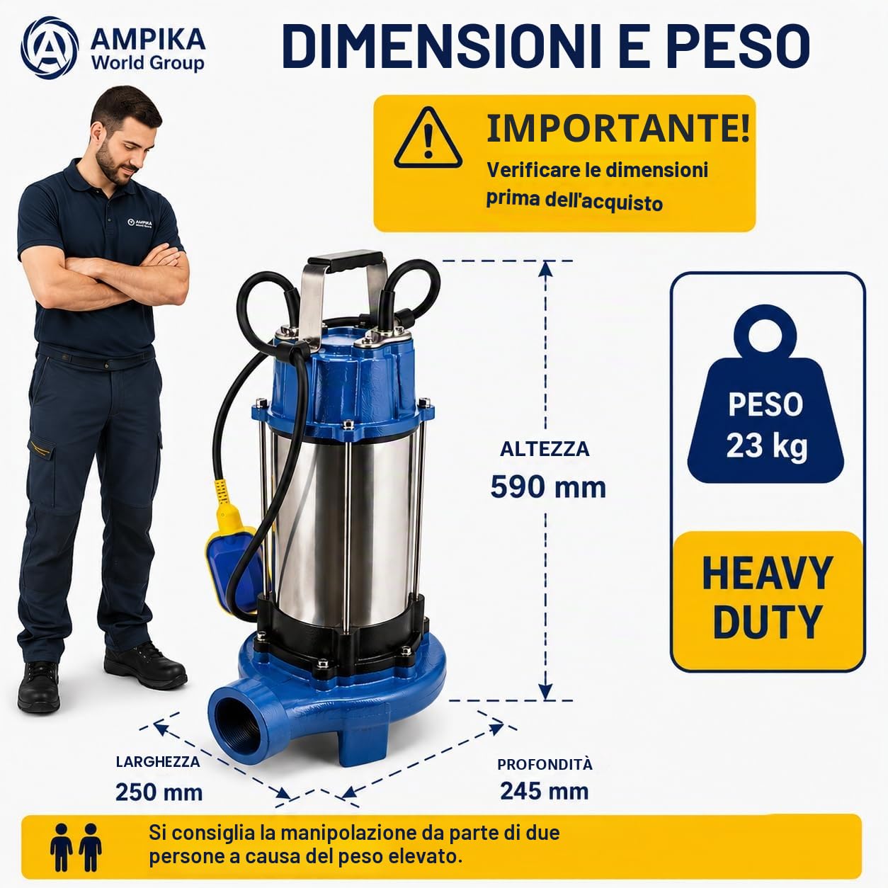 Ampika Pompa fecale con frantoio e galleggiante QW-1300DF per acque sporche, pompa di immersione per acque reflue 1300 W, 18 300 l/h, altezza di azionamento max. 5 m