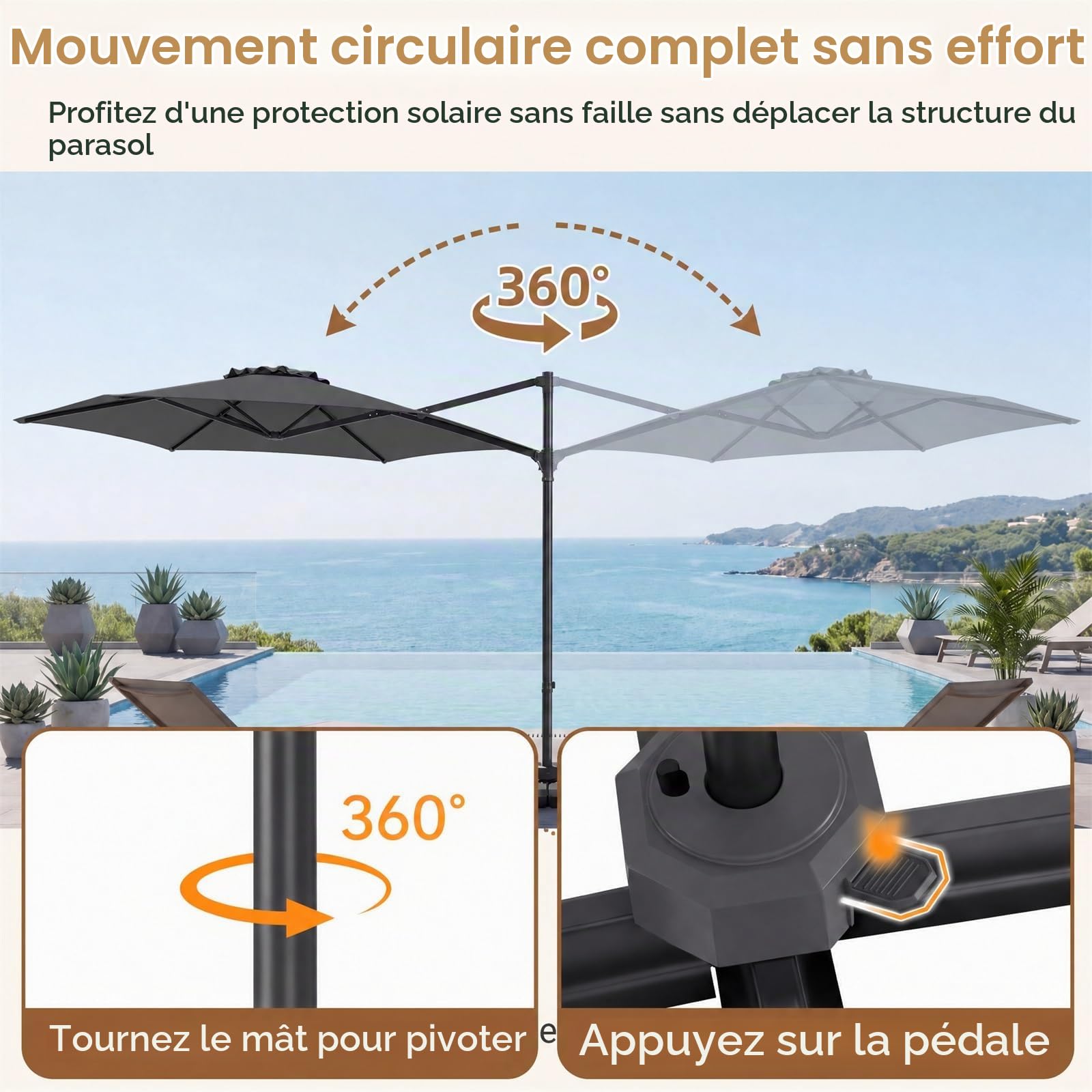 KOMFOTTEU 3M Parasol de Jardin Extérieur, Anti UV, Rotatif 360°