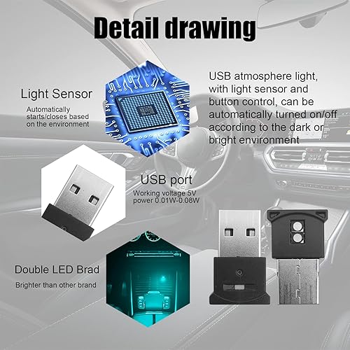 Miniatura 4 de Dos luces inteligentes LED USB universales, brillo ajustable 8, luces ambientales LED interiores RGB, 5V DC, mini luces ambientales para el maletero