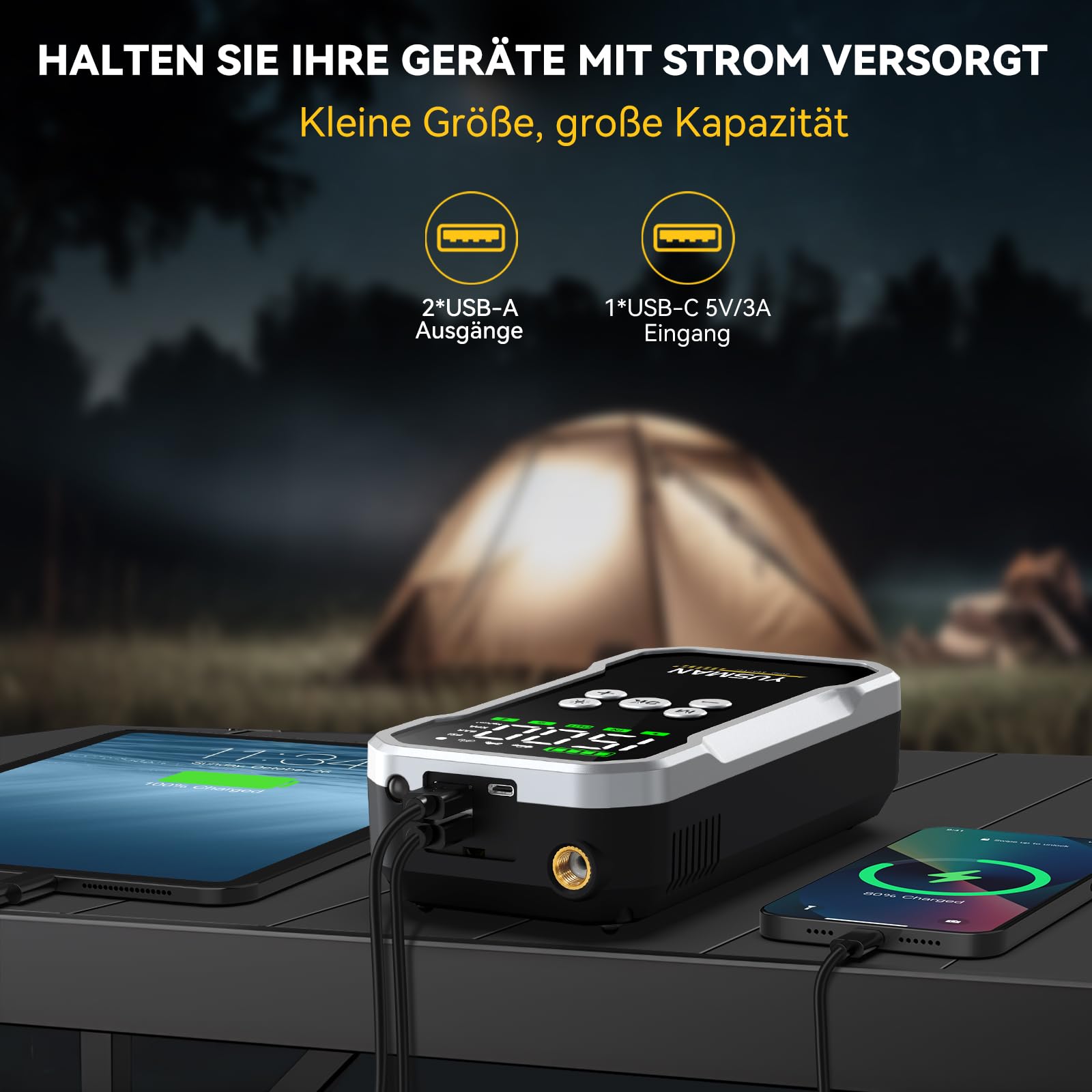 YUSMAN Starthilfe Powerbank mit Kompressor | 8000A Auto Starthilfe für alle Benzinmotoren & 8L Diesel | 160PSI Luftpumpe mit LCD & Multifunktions-Taschenlampe