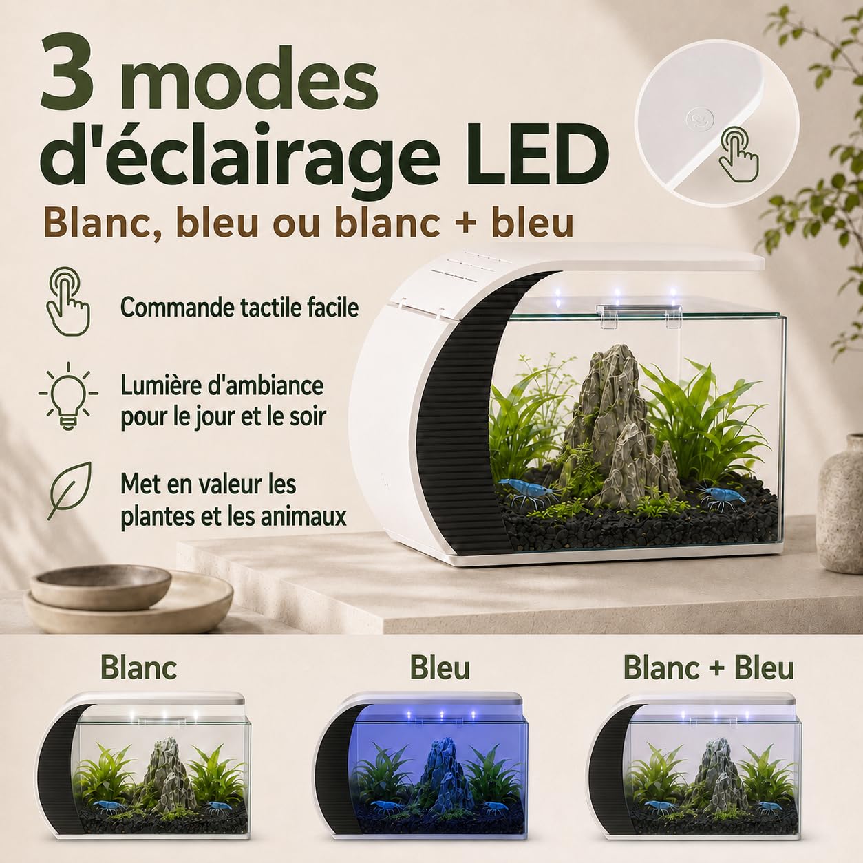 Aquarium de 5 gallons, avec éclairage LED et pompe à eau, capacité pour poissons d'ornement, crabes, plantes, idéal pour salon, chambre à coucher, bureau, décoration
