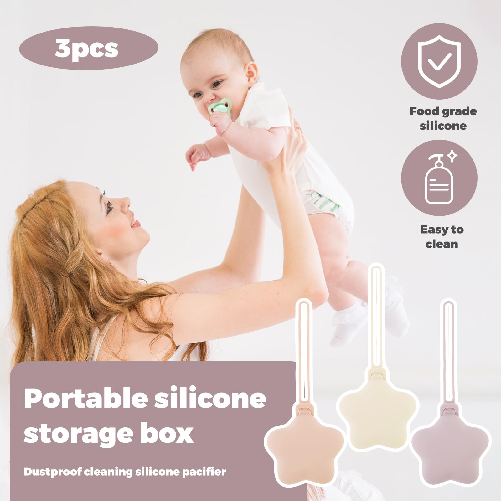 3 fundas de silicona para chupete, material seguro y suave, portátil, funda protectora para chupete, fácil de limpiar, para bolsa de pañales, cochecito