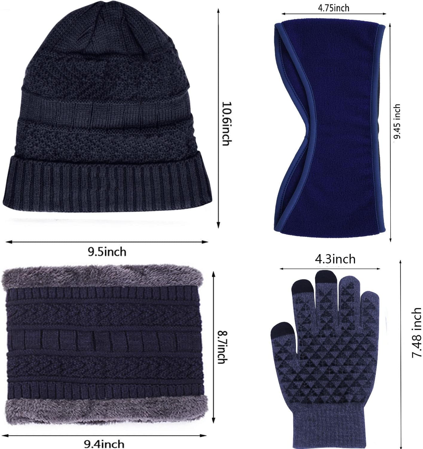 Ski Winter Hat Scarf Gloves Set for Men, Knit Beanie Hat Neck Warmer Scarf Touch Screen Gloves and Ear Warmer - Image 6