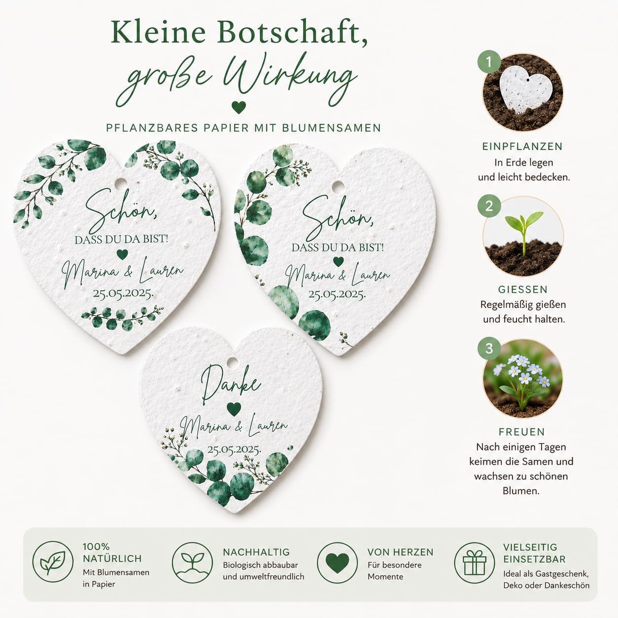 Personalisierte Samenpapier Anhänger Herz | Gastgeschenk Hochzeit nachhaltig | Mit Wildblumensamen | 6 cm | Mit oder ohne Pflanzanleitung | 3 Designs zur Auswahl (50, Ohne Pflanzanleitung)
