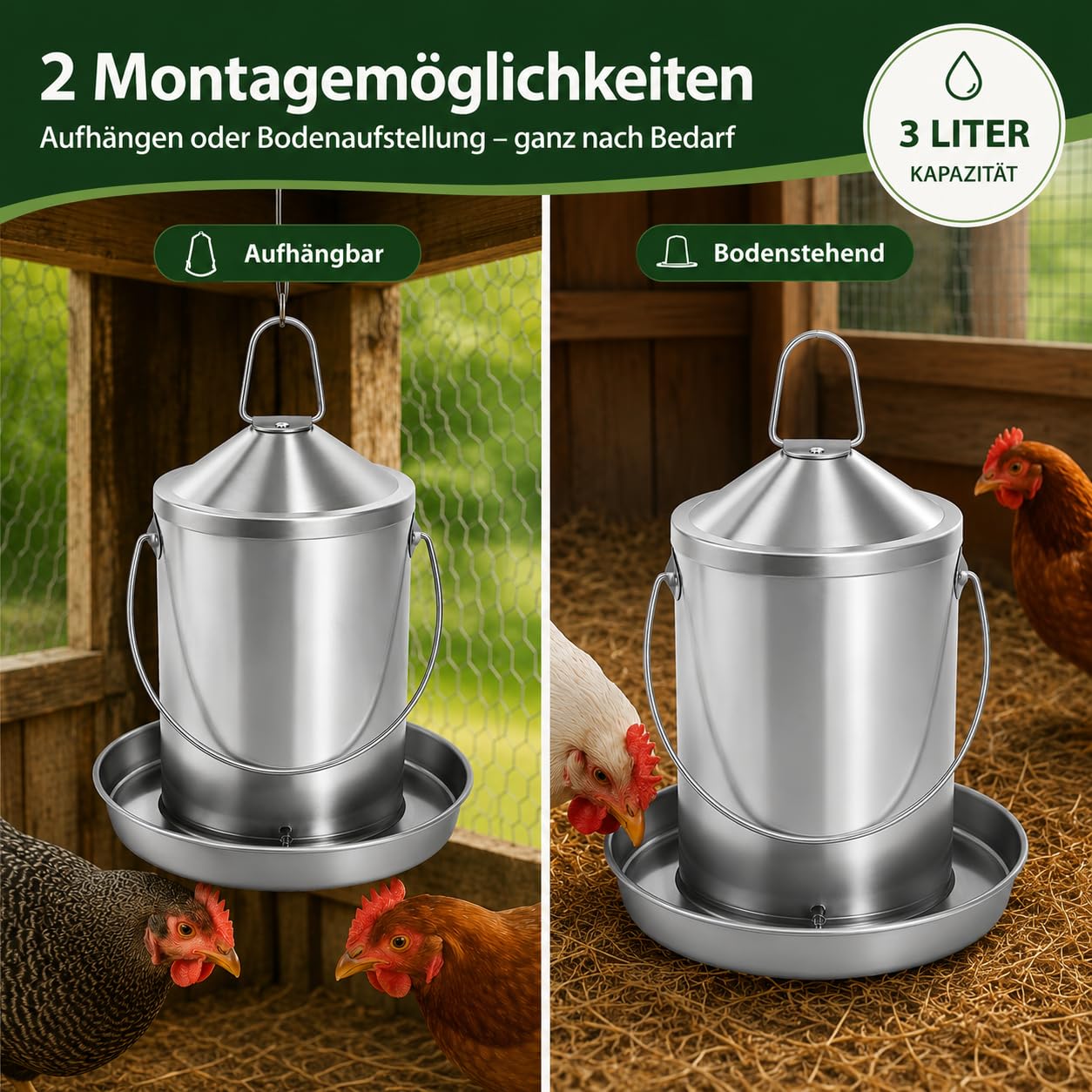 Abreuvoir de Poulet 3 L, Acier Inoxydable 304, sans BPA, Distributeur d'eau pour volaille