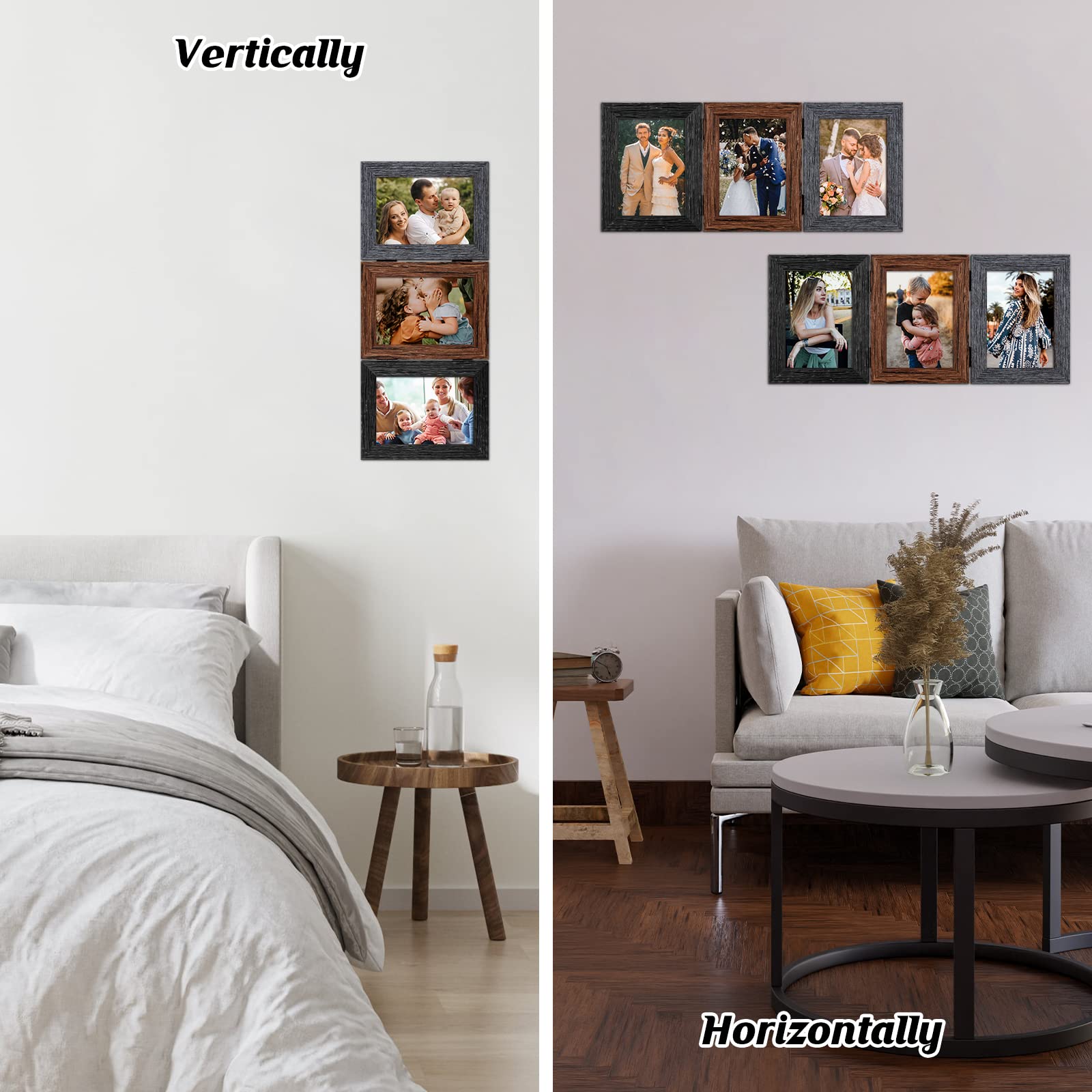 snzimtty 5x7 Triple Rustic Picture Frame,Distressed Wood Farmhouse Finish,3 Pictre Frame 5x7 with High Definition Glass for Wall & Table Mounting,Assorted Colors Wood Grain