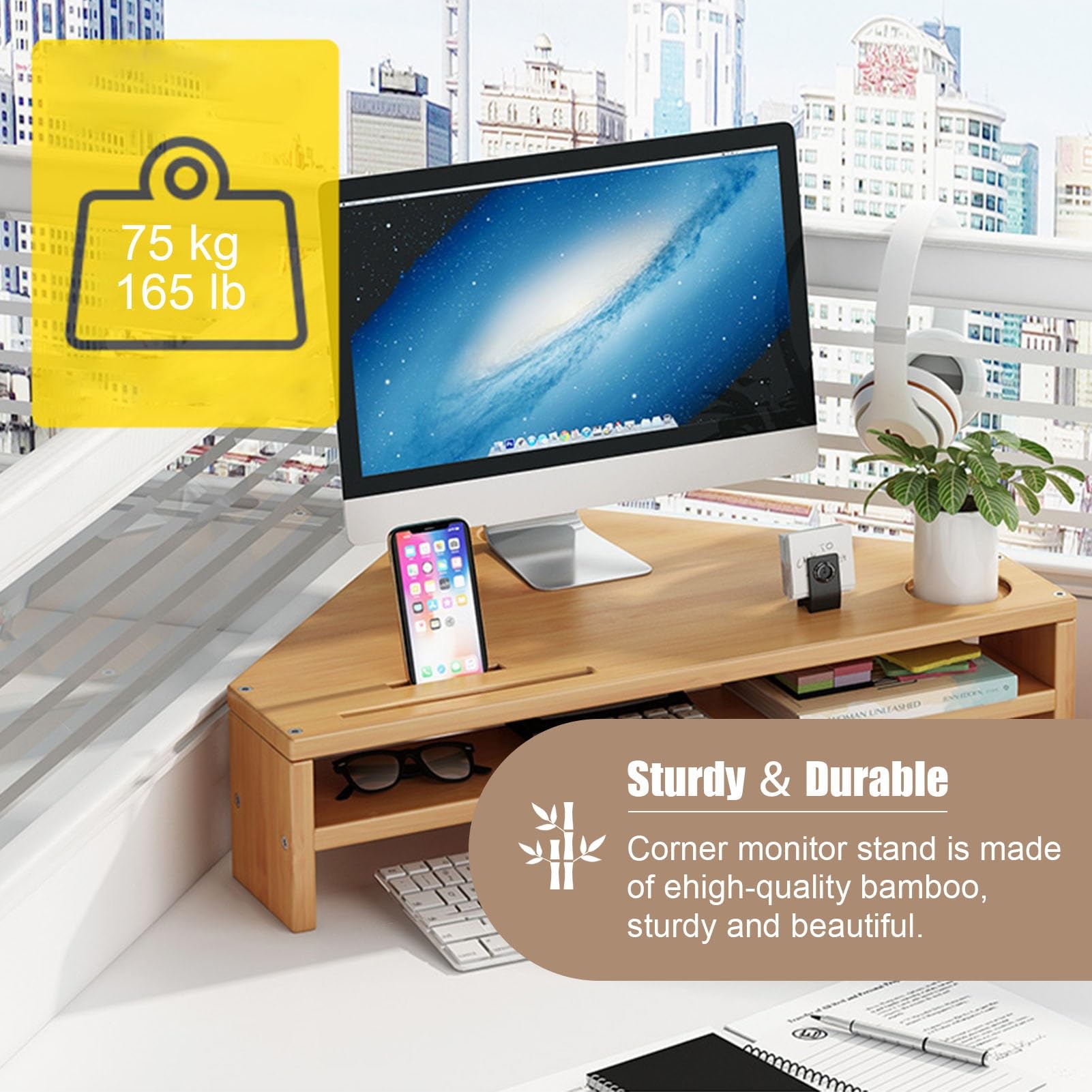 Eck-Monitorständer, 2-stöckig, Schreibtisch und Erhöhung, dreieckiges Design mit Aufbewahrung, natürliches Finish, für Zuhause, Büro, ergonomisch, höhenverstellbar, stilvolles Schreibtischzubehör