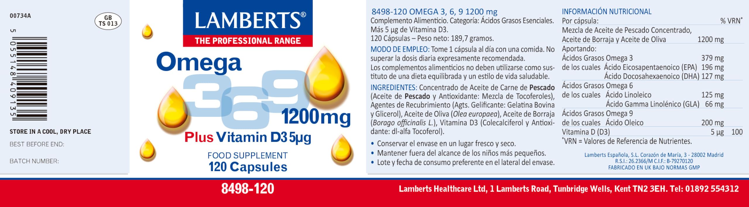 Lamberts Omega 3-6-9 1200 mg + Vitamina D3 | EPA, DHA, GLA y Ácido Oleico | Corazón, Sistema Inmunitario y Bienestar General | 120 Cápsulas | 60 Días | Calidad Farmacéutica GMP