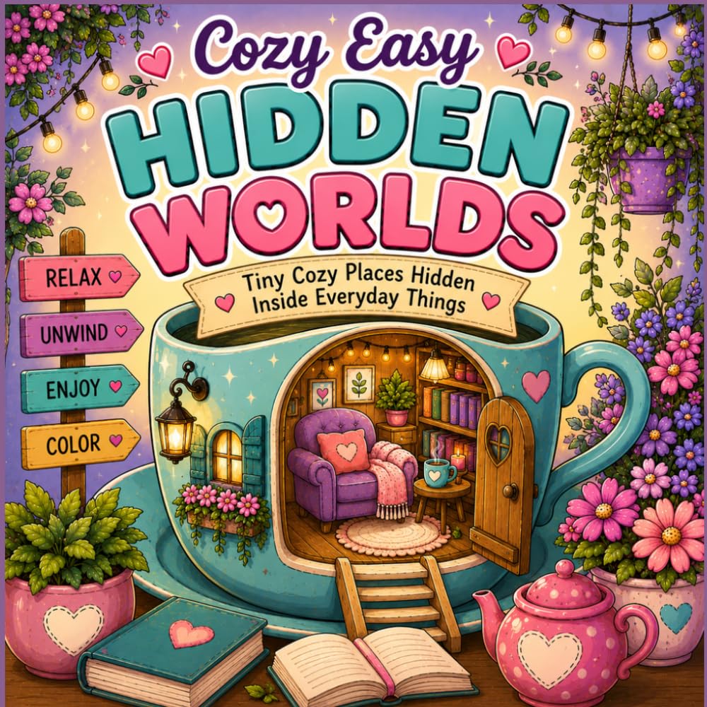 Cozy Easy Hidden Worlds: Tiny Cozy Places Hidden Inside Everyday Things | Bold and Easy Coloring Book for Adults and Teens: 40 Cozy Hidden World ... Objects and Relaxing Easy to Color Adventures