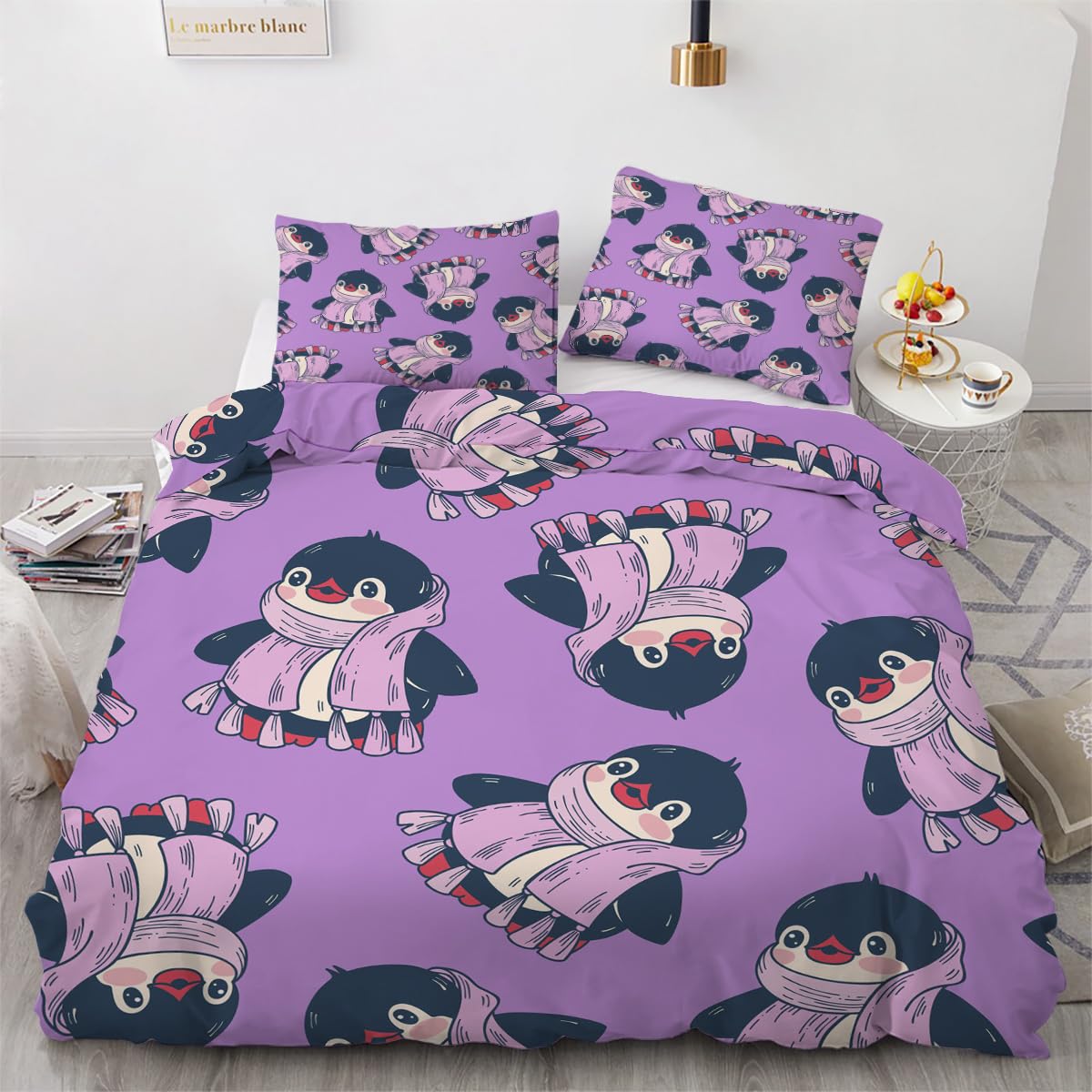 Housse de couette pingouins 240x260cm avec 2 taies d'oreiller pour lit double