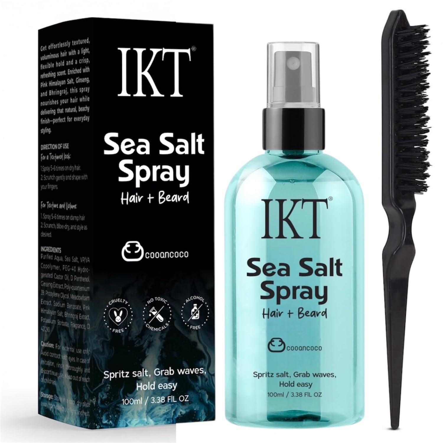 IKT Sea Salt Spray with Teasing Brush for Hair and Beard, Texturizing Spray for Beach Waves, Volumizing Hair Mist, Curl En...