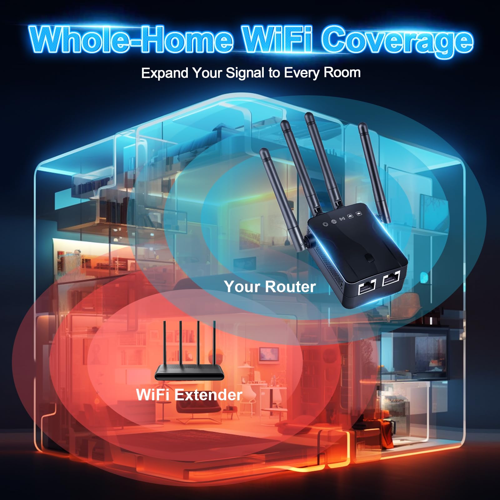 Amplificateur de signal WiFi pour la maison – Extension de portée WiFi 300 Mbit/s avec 4 antennes, couvre jusqu'à 600 m² et 35 appareils, amplificateur WiFi avec mode AP/répéteur, amplificateur